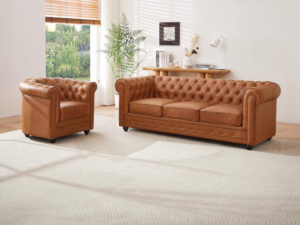 Sofá de 3 plazas y sillón de piel de vaca color camel CHESTERFIELD