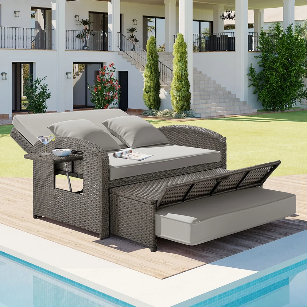 Harper & Bright Designs Rattan Outdoor Double Lounge Chaise 2-Person PE Wicker Outdoor Patio Sunbed with Canopy Cover for Backyard Garden Balcony, Beige+Black - Image 91