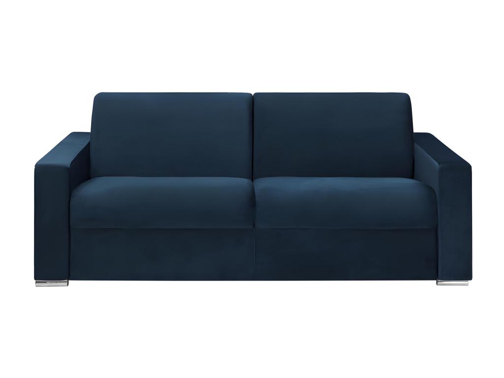 Sofá cama de 4 plazas tipo italiano de terciopelo CALITO - Azul noche - Somier de láminas de 160 cm - Colchón de 18 cm con memoria de forma