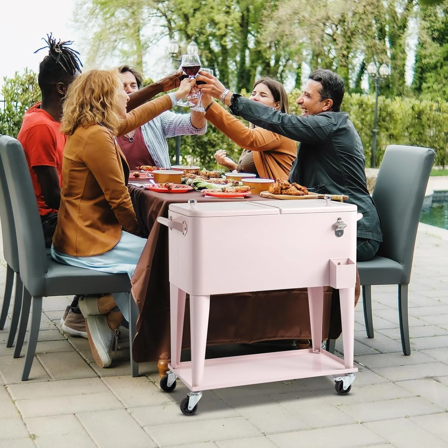 80 Quart Rolling Ice Chest, Portable Bar Drink Cooler with Catch Basin, Bottom Storage Tray and Bottle Opener for Patio Party BBQ Beach Activities - Image 9