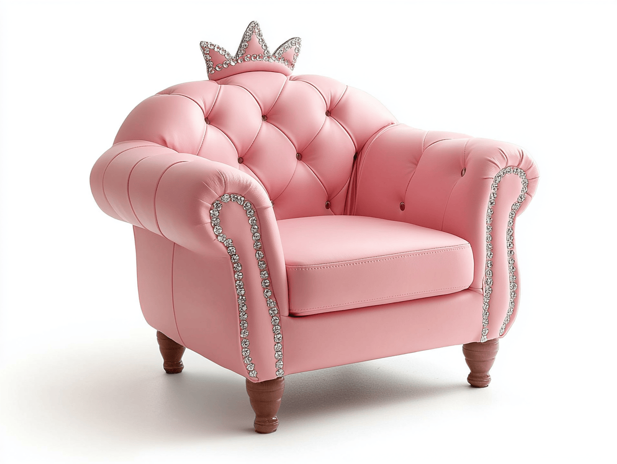 Sillón infantil tapizado con función de montaje manual en cuero sintético rosa con respaldo de corona y patas de madera, 65x50x70cm