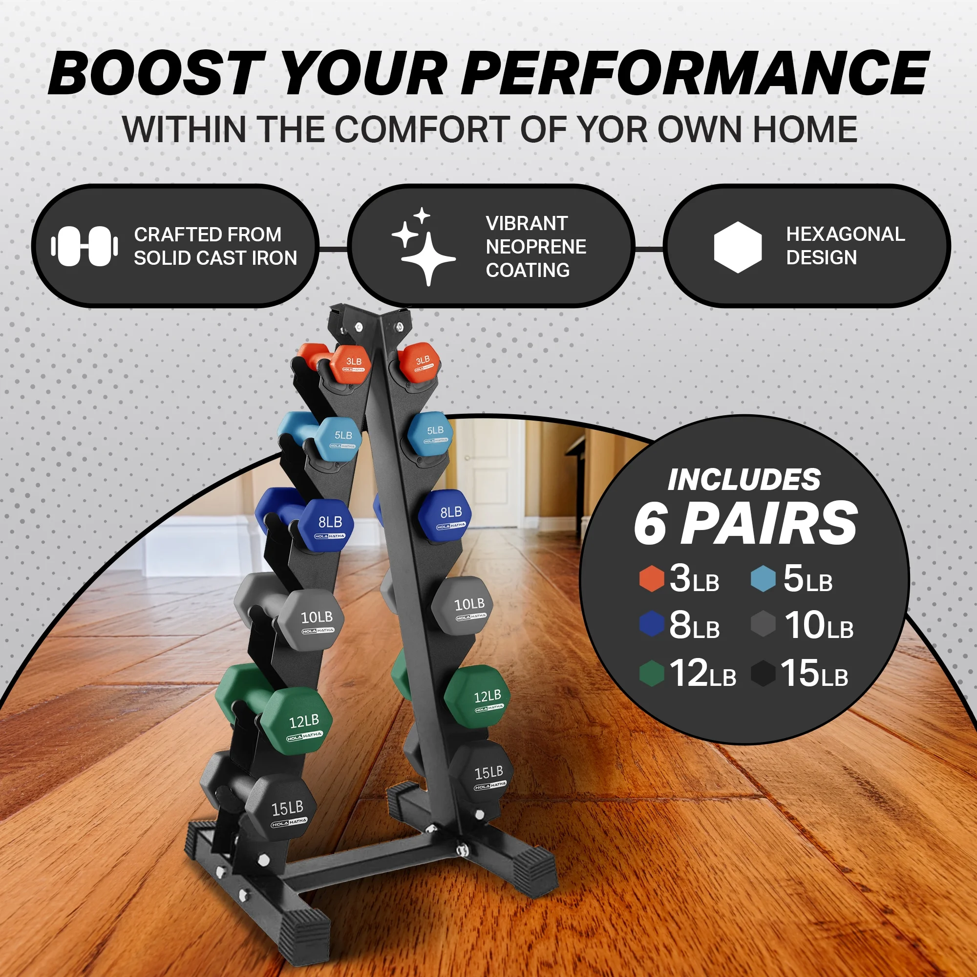 HolaHatha Neoprene Dumbbell Weight Set with Rack (Black), 112.5 lb - Image 17