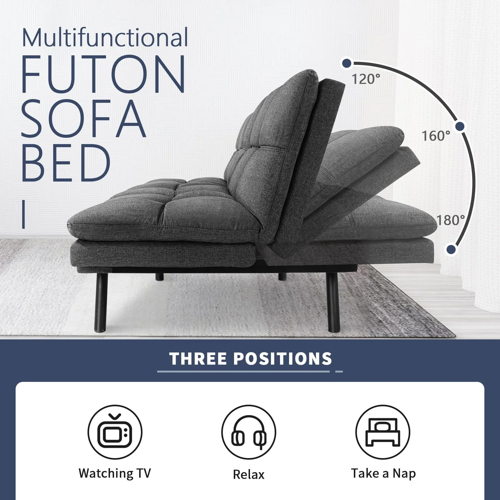 Convertible Memory Foam Futon Sofa Bed with Adjustable Armrests and Backrest,Gray