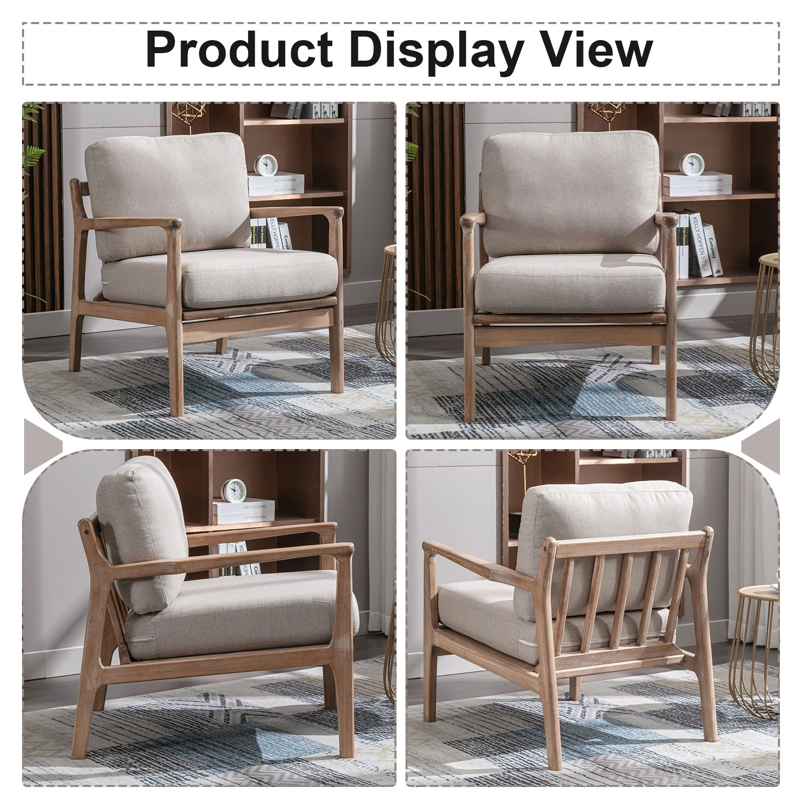 Bonzy Home Design Accent Chair, Comfy Fabric Armchair with Solid Wood Frame & Removable Cushions, Upholstered Reading Chair for Living Room Bedroom, Beige - Image 4