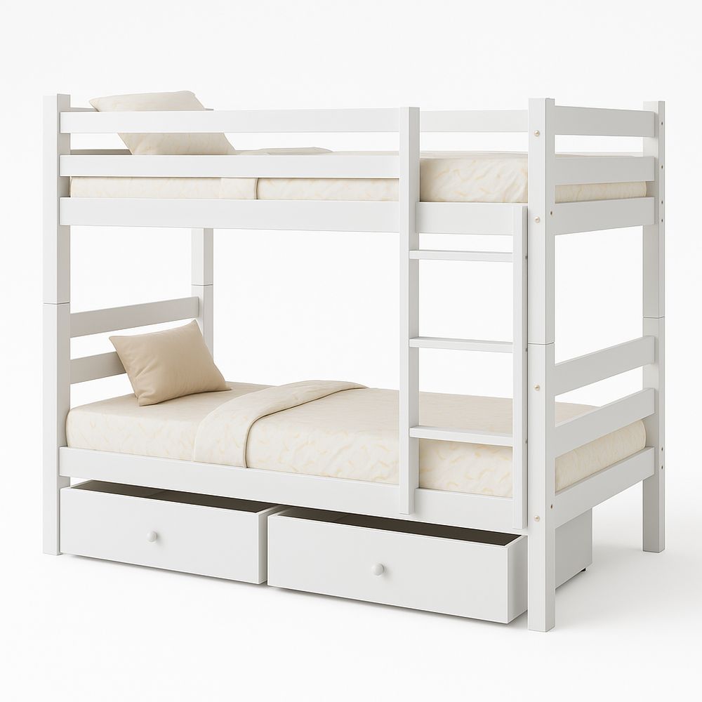 Cama literas de madera blanca con cajones, diseño moderno, ideal para habitaciones infantiles, estructura resistente