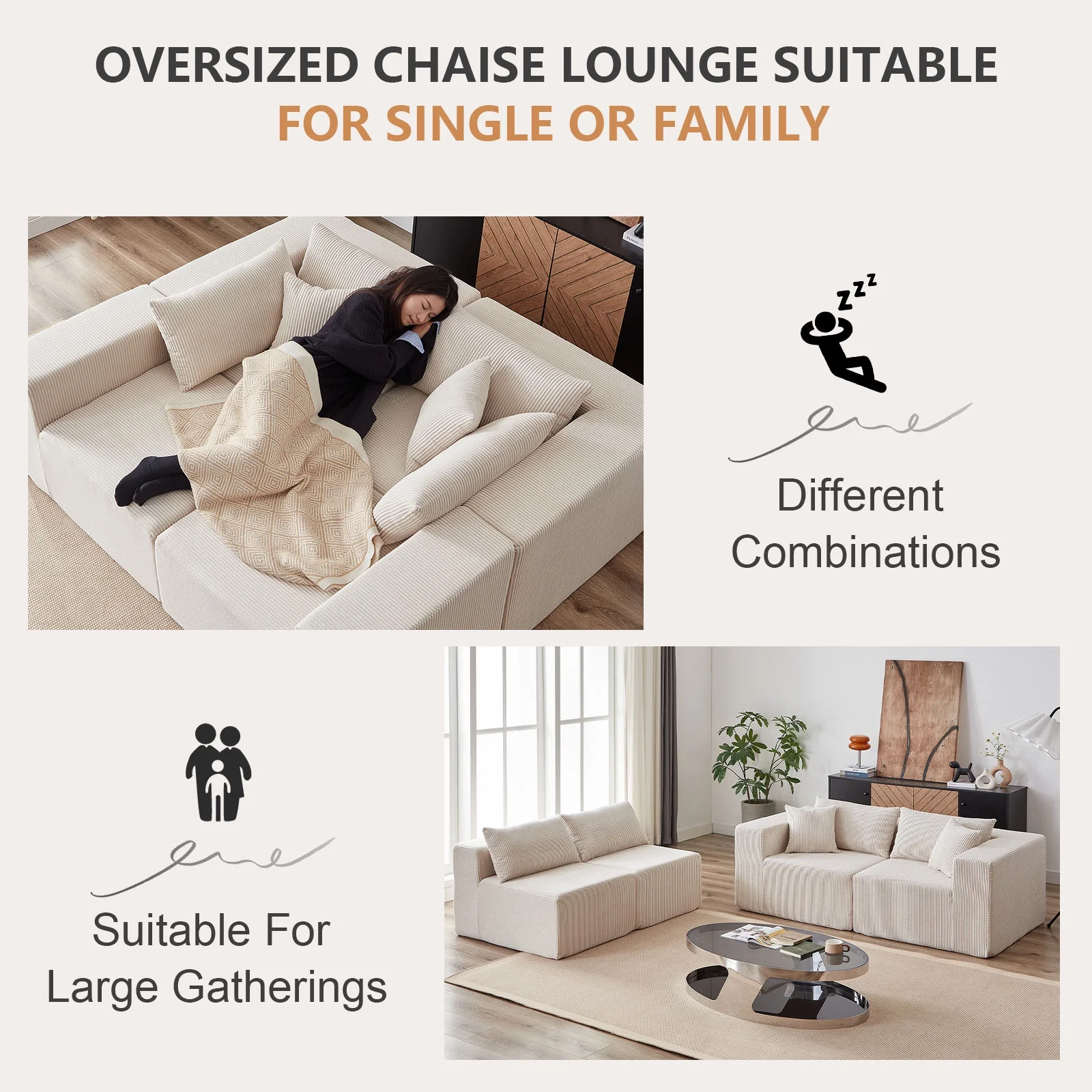 104-Inch Corduroy Modular L Shaped Sectional Sofa,Luxury Floor Couch Set,Upholstered Indoor Furniture,Foam-Filled Compressed Sofa for Living Room,Bedroom,4 PC Free Combination ? - Image 8