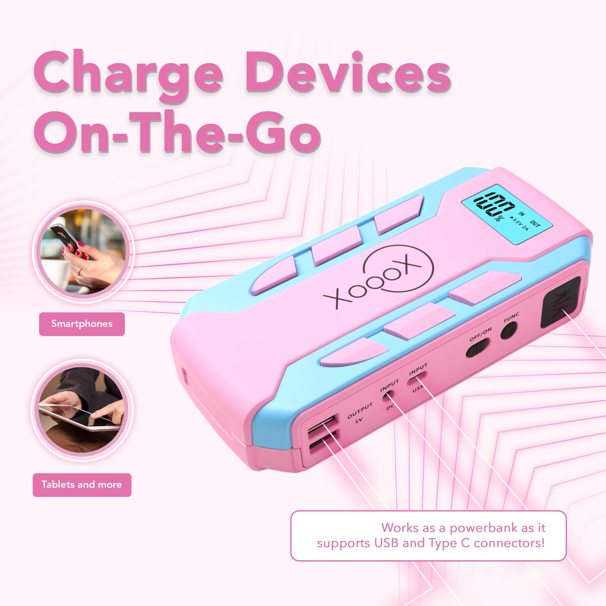XoooX Pink Portable Car Battery Jump Starter Kit with Jumper Cables, LED Light and Case; 12V Jump Start Battery Pack; Portable Battery Charger for USB/USB-C Devices - Image 7