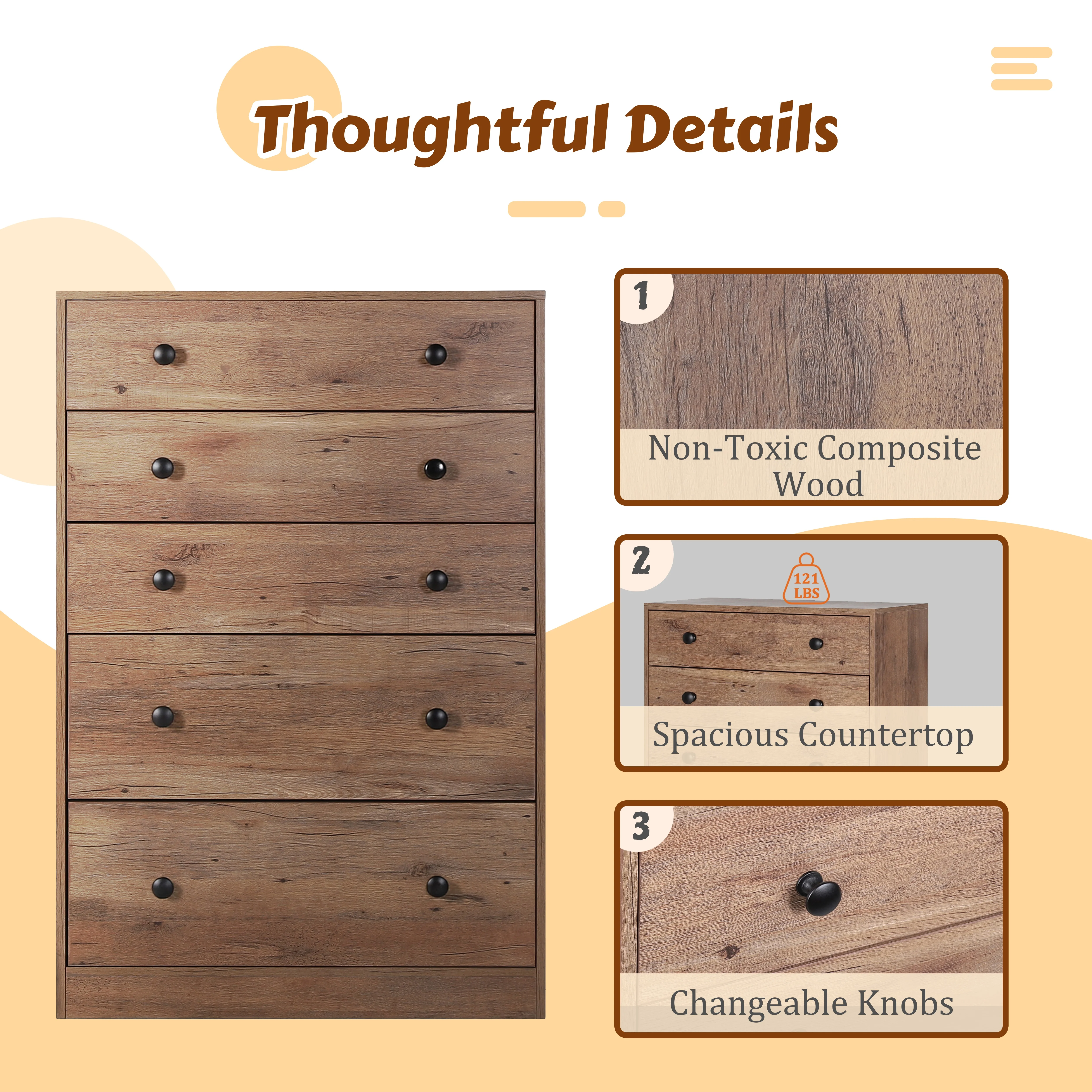 VEIKOUS Oversized 5-Drawer Dresser Chest, Large Storage Dresser for Bedroom Storage, Oak - Image 12