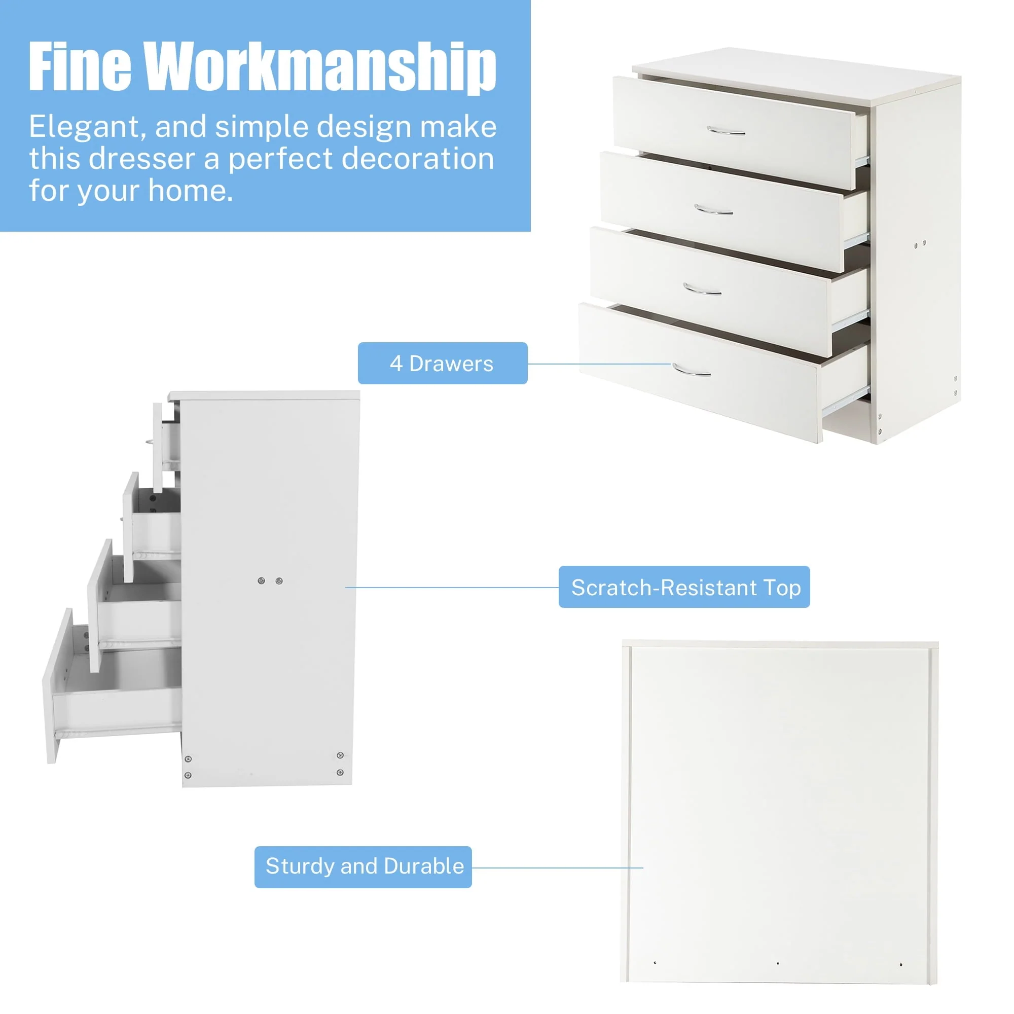 BTMWAY 4 Drawers Chest of Drawers, Wooden Chest of Drawers Storage Cabinet, Heavy Duty Wood Dresser Chest Cabinet for Bedroom, 25.98'' x 14'' x 22.05'', White - Image 7