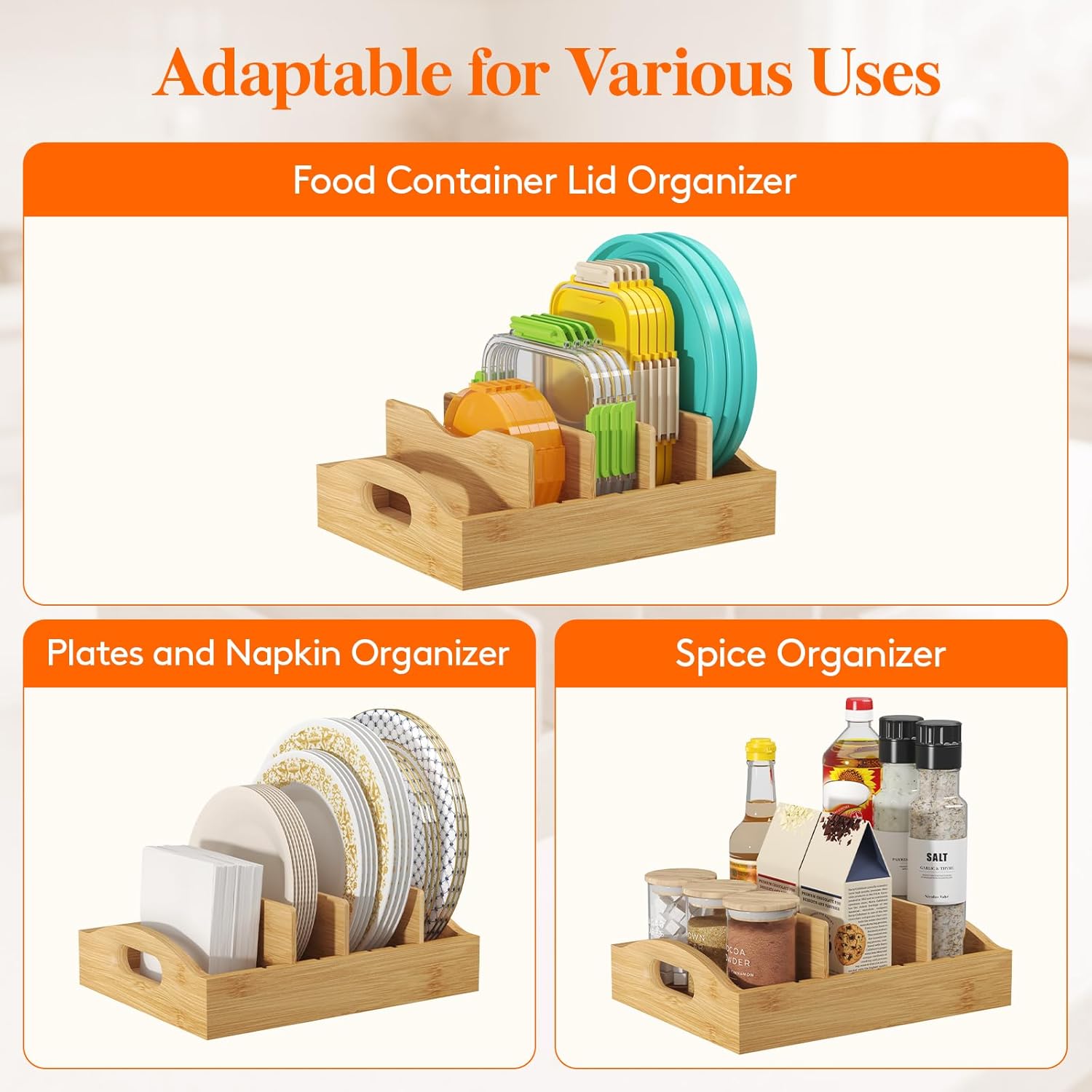 Lifewit Bamboo Lid Organizers for Inside Cabinet, Food Storage Container Lid Holder with 4 adjustable Inserts & 5 Sections, Kitchen Pantry organizer and storage, 10.6