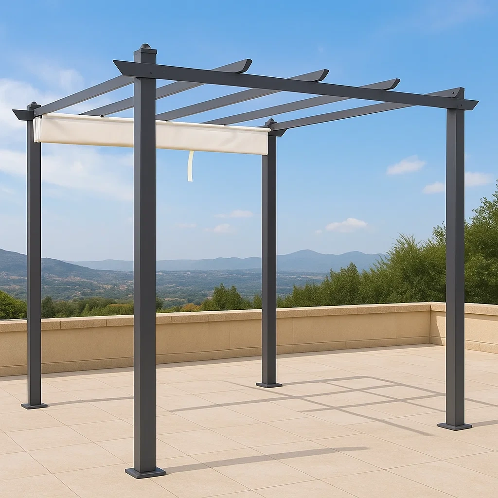 Pérgola metálica con toldo retráctil,estructura de acero gris,techo abierto con toldo,instalación exterior,3x3x2,5 m,para patios y terrazas - SOJDcLsE1dbV