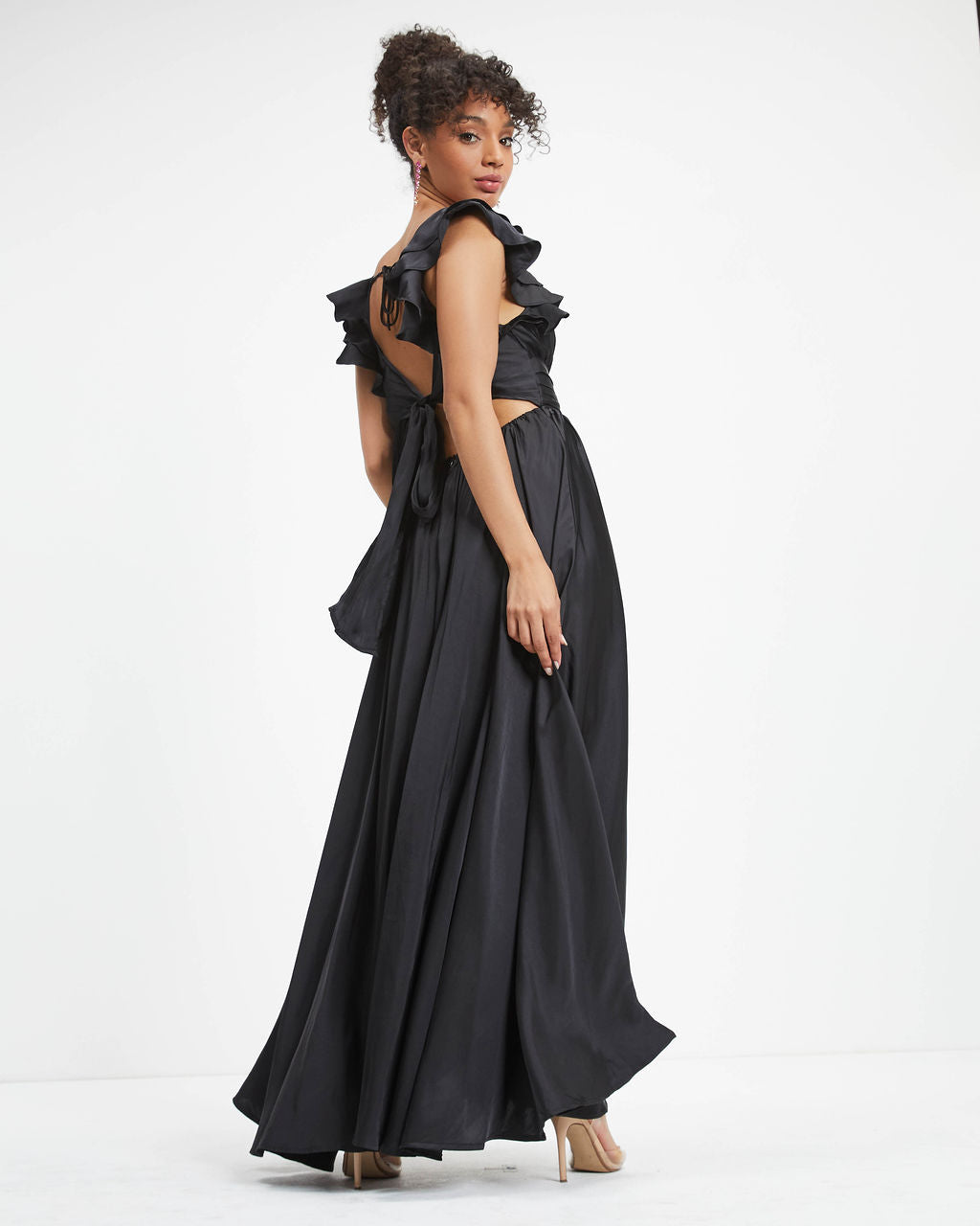 First Class Satin Ruffle Cutout Maxi Dress - Black - FINAL SALE - Se7enfashion
