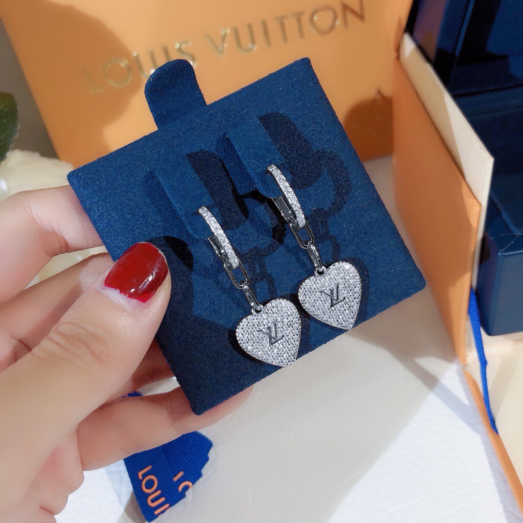 Louis Vuitton Full Diamond Hoop Heart Dangle Earrings - Original Replica Club