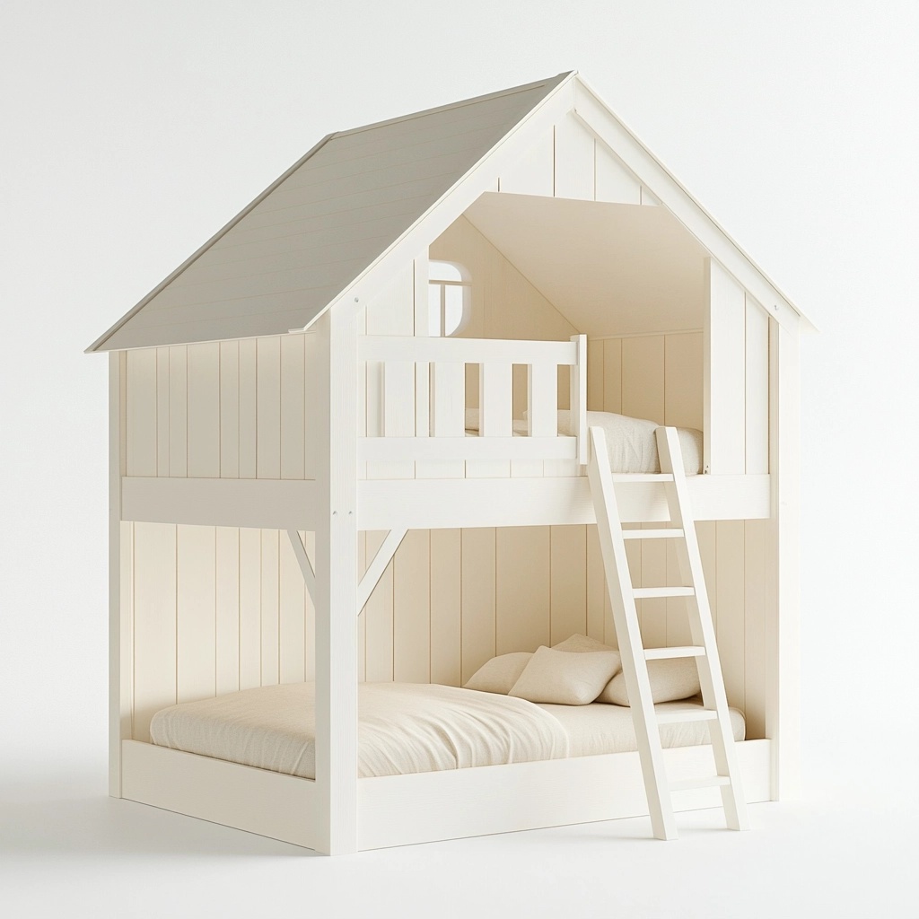 Cama litera infantil con forma de casa de madera blanca para habitación de niños
