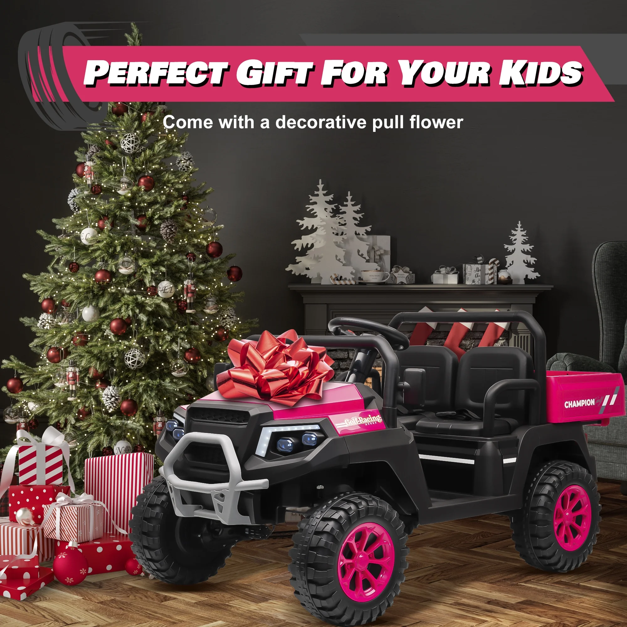 Joyracer 4WD 24 Volt Ride on Toys UTV with 2 Seater & Remote Control, Kids Electric Golf Cart w/ 4x200W Power Motors, Tiltable Trailer & Shovel, 4 Wheels Spring Suspension, Bluetooth USB Music, Black - Image 21