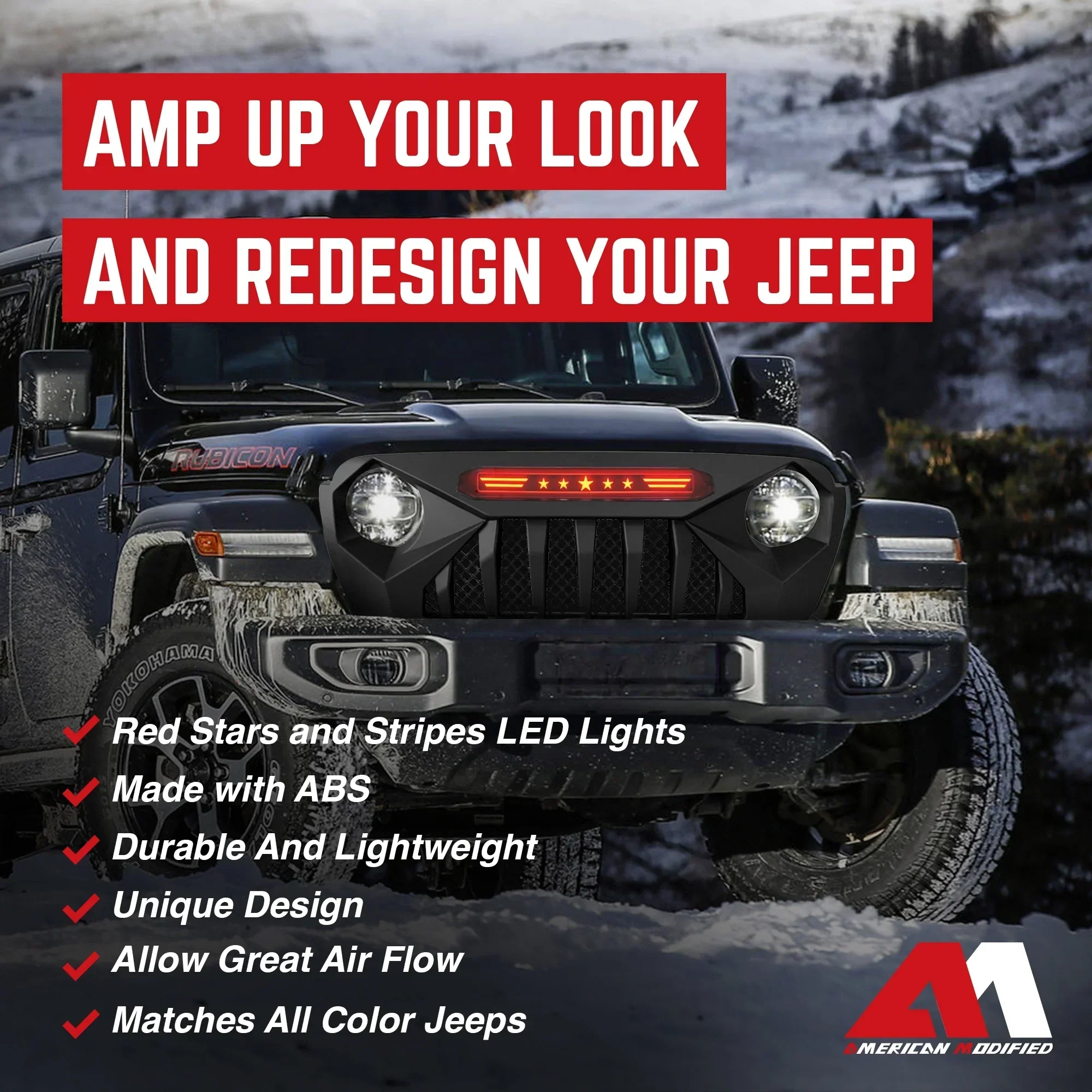 AMERICAN MODIFIED Demon Grille With Red Lights For 18-21 Wrangler/Gladiator - Image 3 AMERICAN MODIFIED Demon Grille With Red Lights For 18-21 Wrangler/Gladiator - Image 3