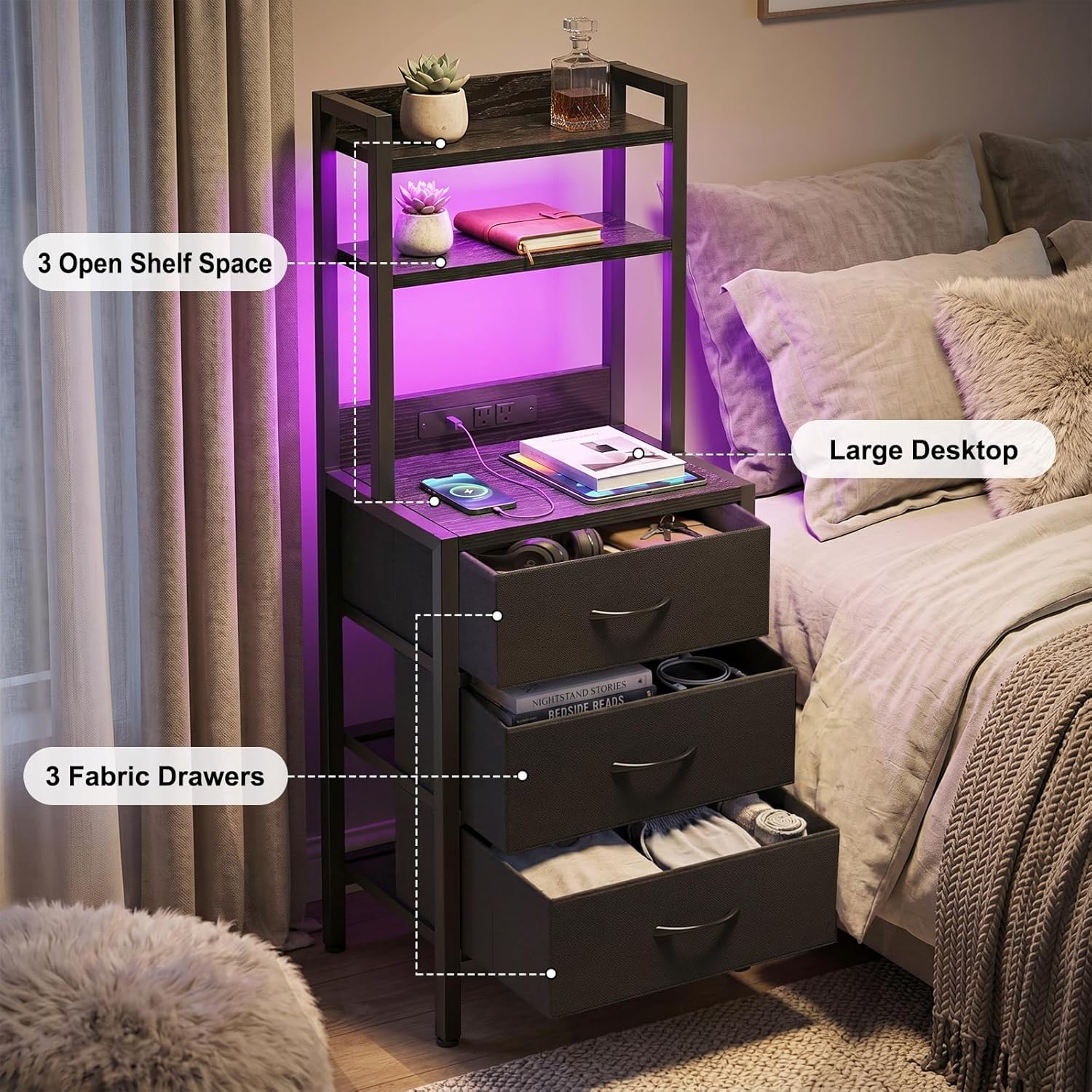 41 Inch Tall Nightstand with Charging Station, 3 Fabric Drawers, LED Lights & Open Shelves, Black - Image 5 41 Inch Tall Nightstand with Charging Station, 3 Fabric Drawers, LED Lights & Open Shelves, Black - Image 5