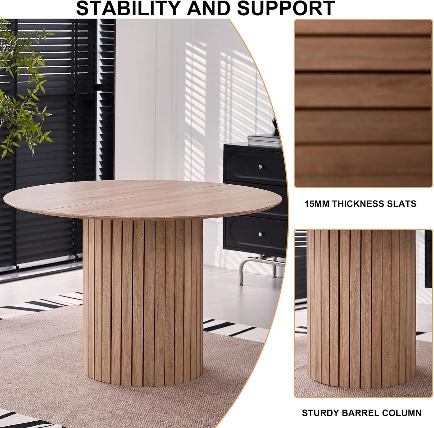 5 Piece Round Dining Table Set - Mid-Century 47 inch Oak Dining Table with 4 Brown Faux Leather Chairs Set, Dinner Table & Chair with Metal Legs for Kitchen Dining Room, Apartment, Bedroom - Image 4