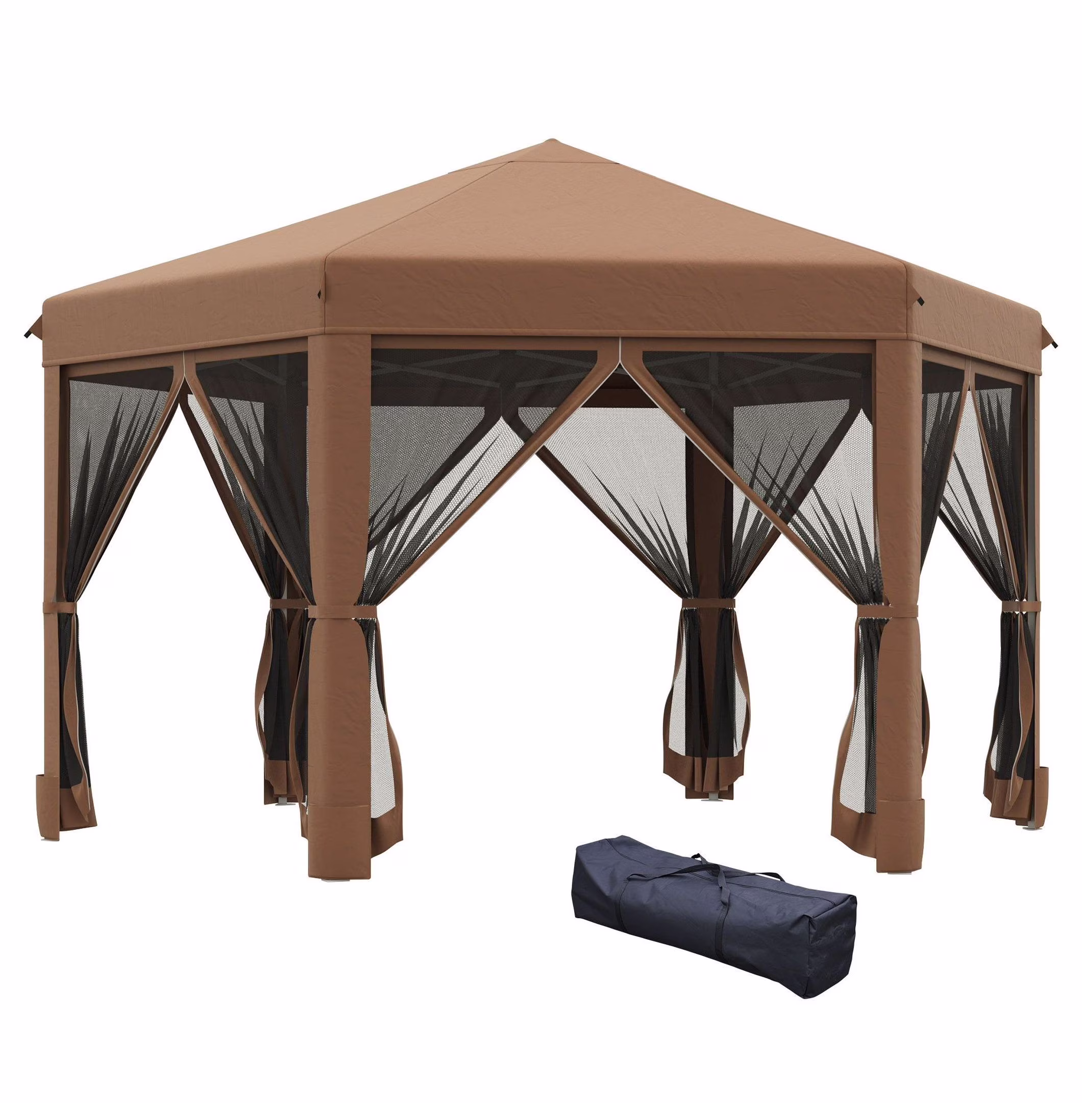 13x13 Pop up Canopy, Hexagonal Brown Canopy with Mesh Walls - Adjustable Outdoor Camping Tent with Steel Frame Stakes