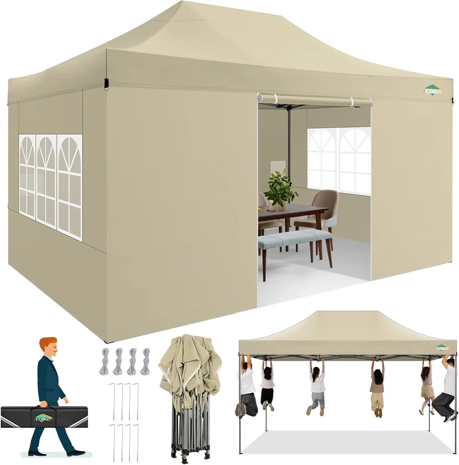COBIZI 10x20 Heavy Duty Pop up Canopy Tent with 6 sidewalls Easy Up Commercial Outdoor Canopy Wedding Party Tents for Parties All Season Wind & Waterproof Gazebo with Roller Bag,Black(Frame Thickened)