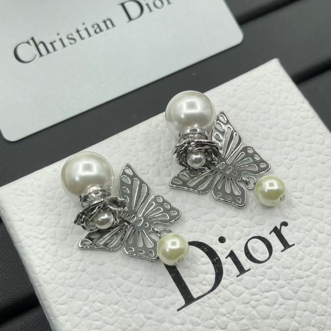 Dior Silver Butterfly Pearl Earrings - Original Replica Club