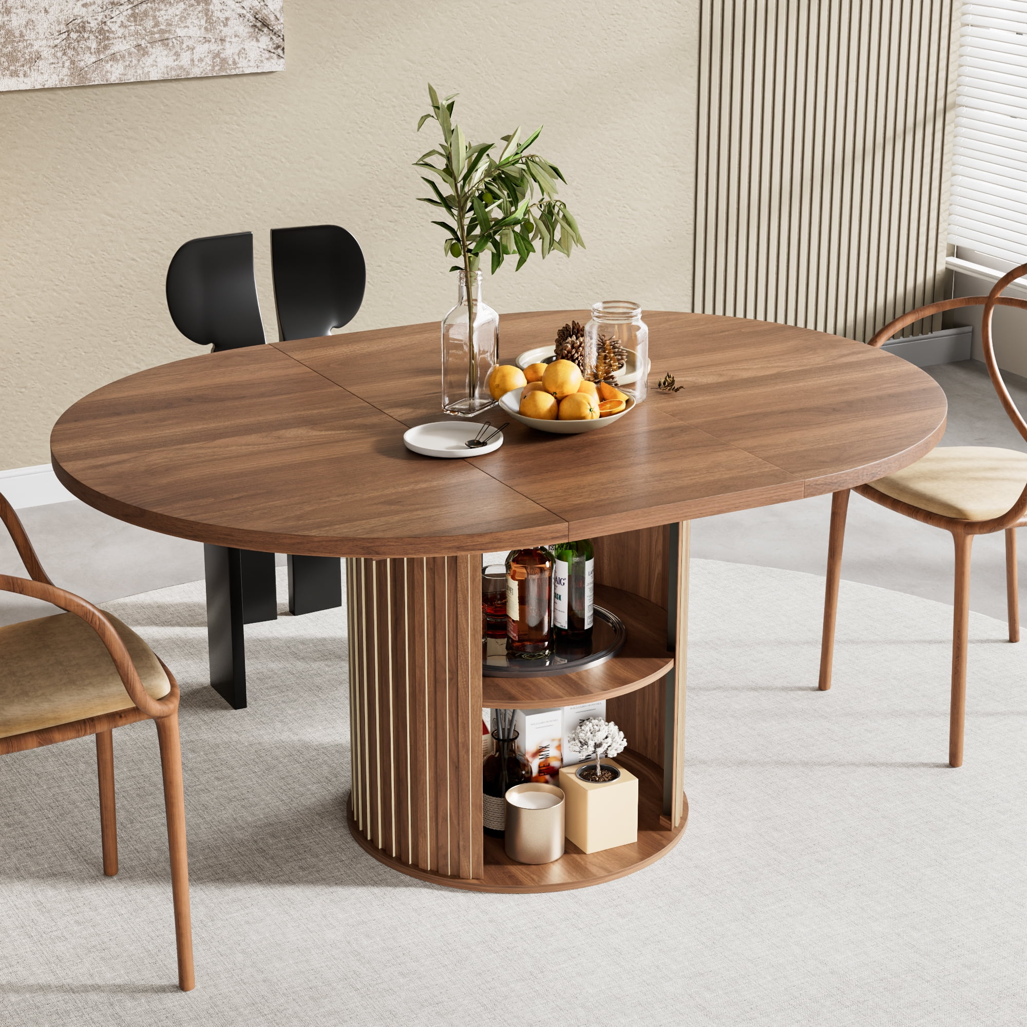 Extendable Dining Table for 4-6, Round Kitchen Table with Storage Shelf, Oval Dining Tables for Living Room (Walnut) - Image 4