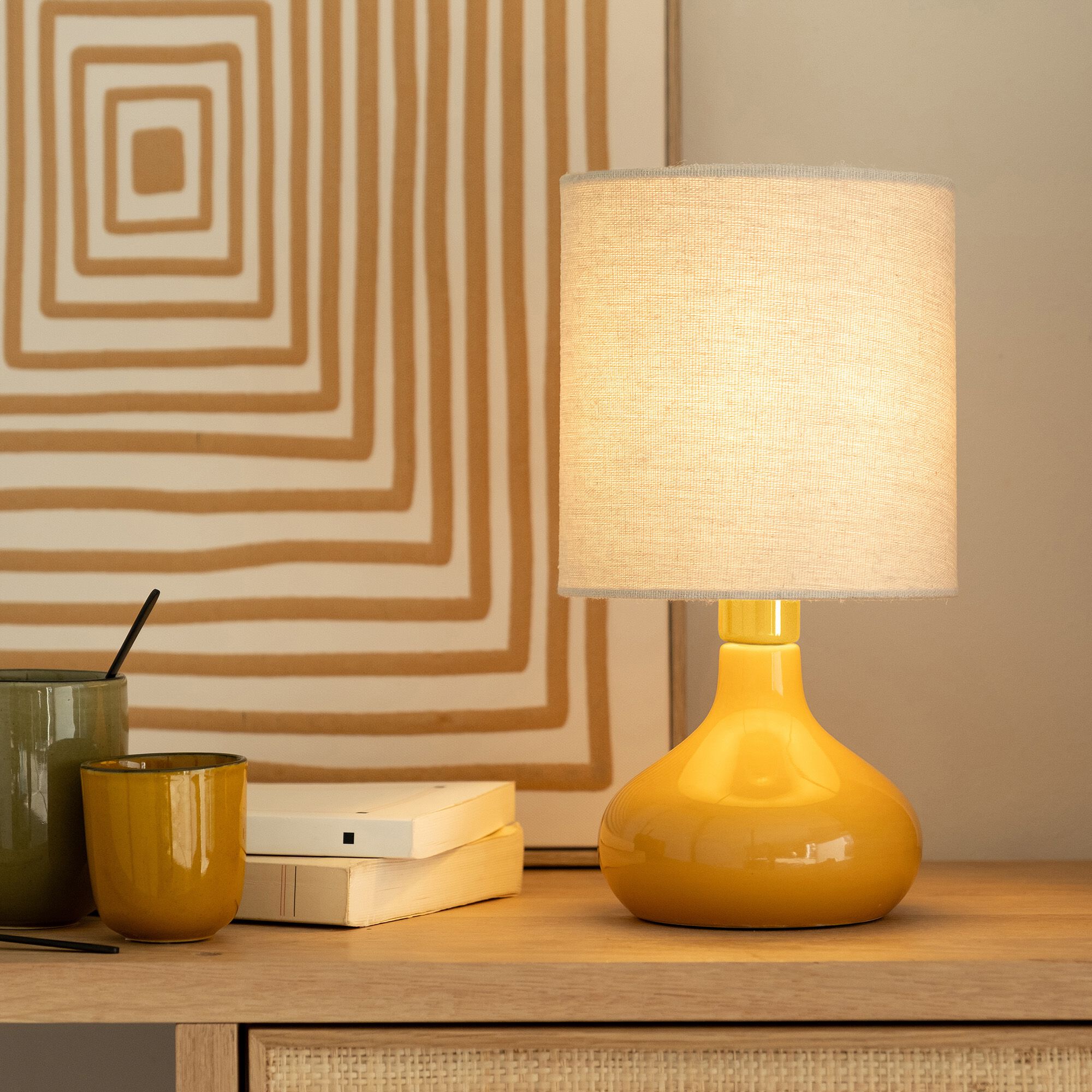 CLEON - Lampe à poser électrifiée en céramique et lin - jaune argan
