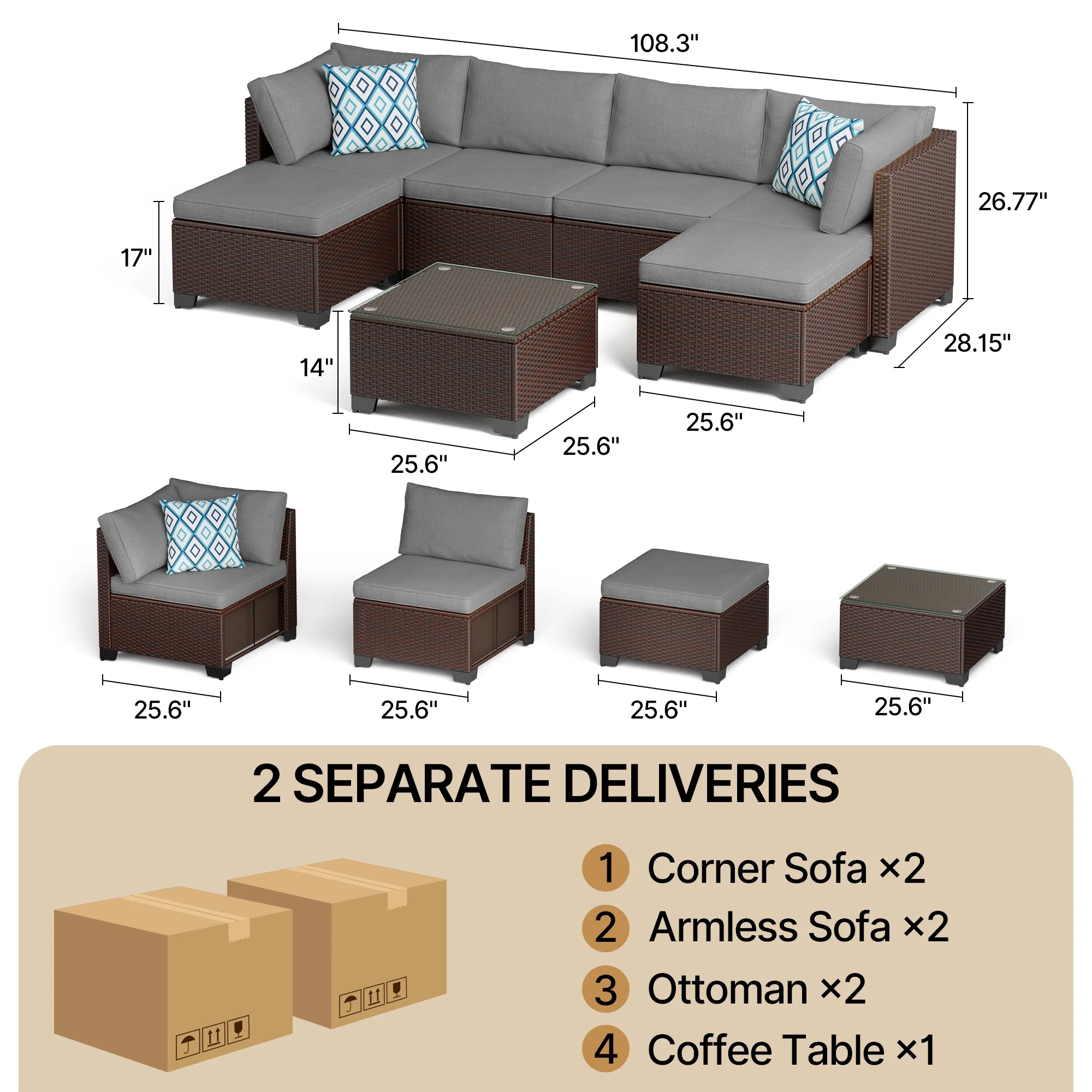Aiho 7-Piece Rattan Patio Furniture Set , Outdoor Sectional Furniture Set for Patio, Garden, Backyard, Grey - Image 31