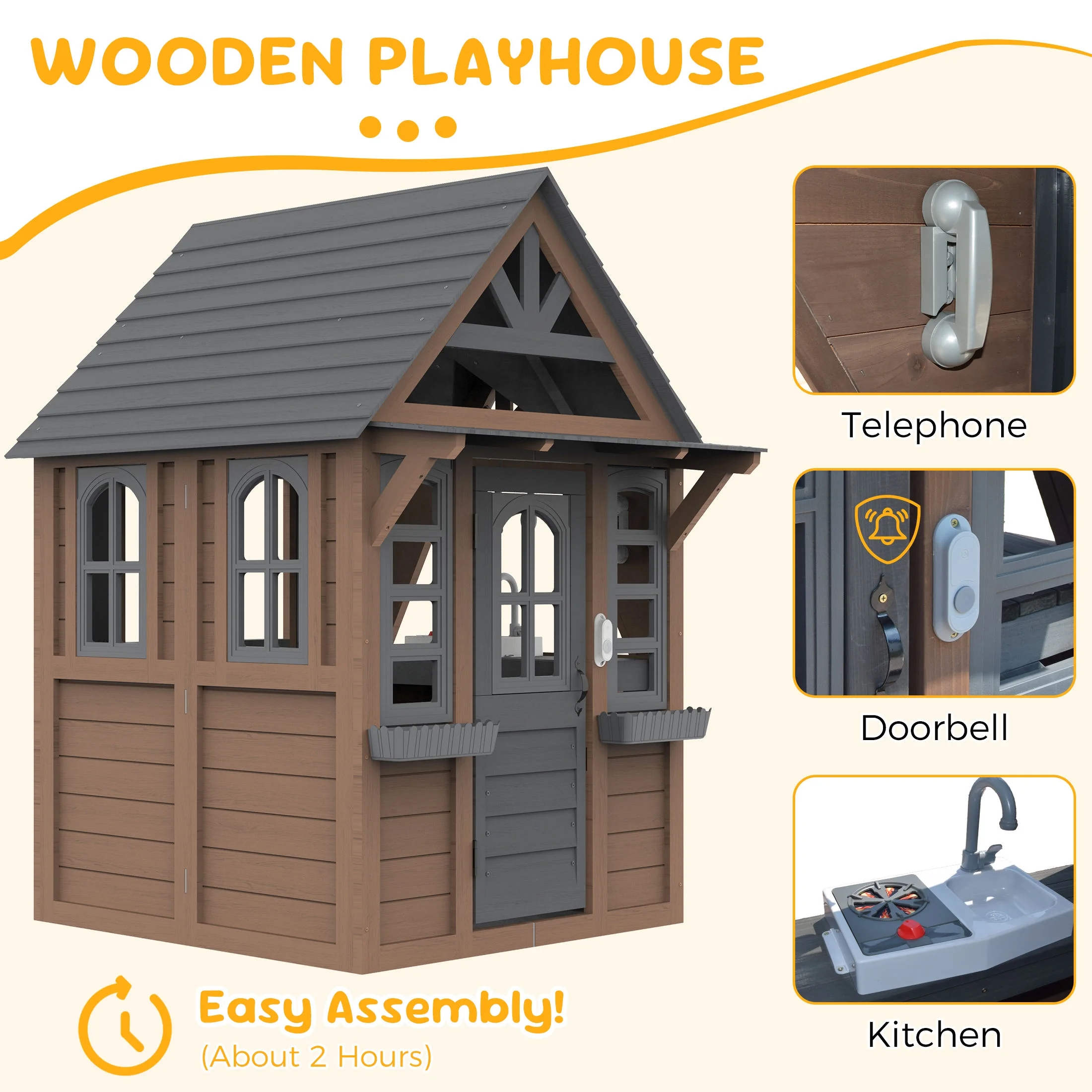 COCLUB Outdoor Playhouse for Kids Ages 4-8, Wooden Play House with Doorbell, Phone, Kitchen Toys, Outdoor Kids Play Equipment, Casa Para Ni?as (45-L x 65-H), White & Black - Image 24