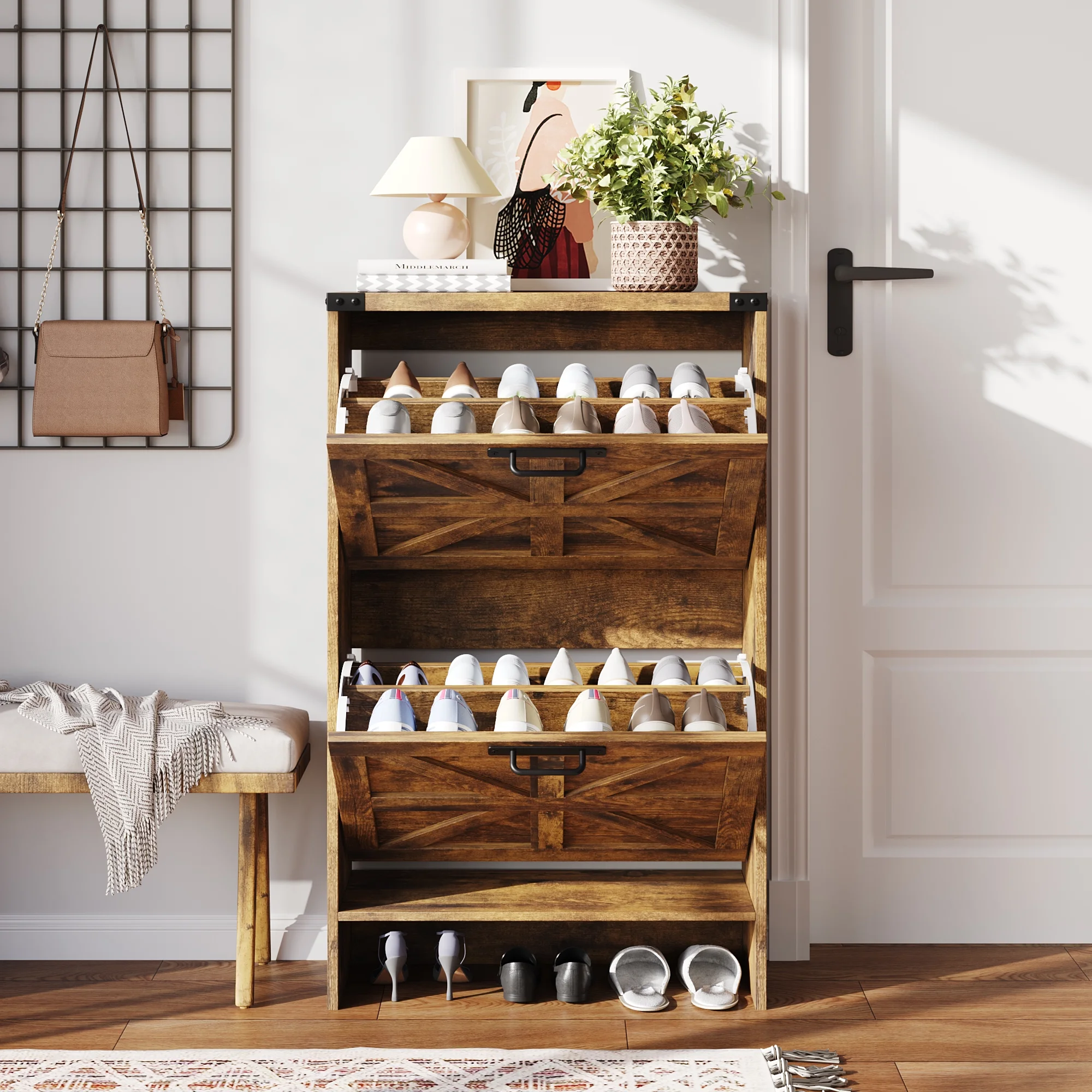 VEANERWOOD Shoes Storage Cabinet With Doors, Farmhouse Shoe Cabinet With 2 Flip Drawers For Entryway,Gray - Image 22