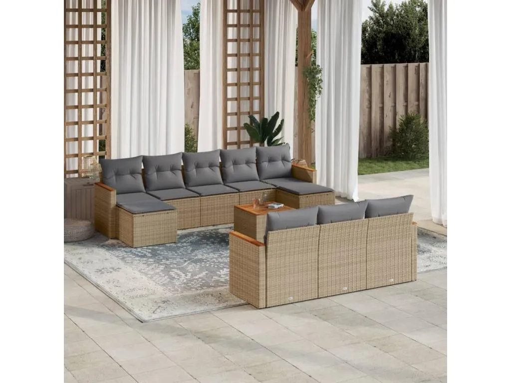 Mobtrendy Set de sofás de jardín 11pzas con cojines ratán sintético beige gbvm86565