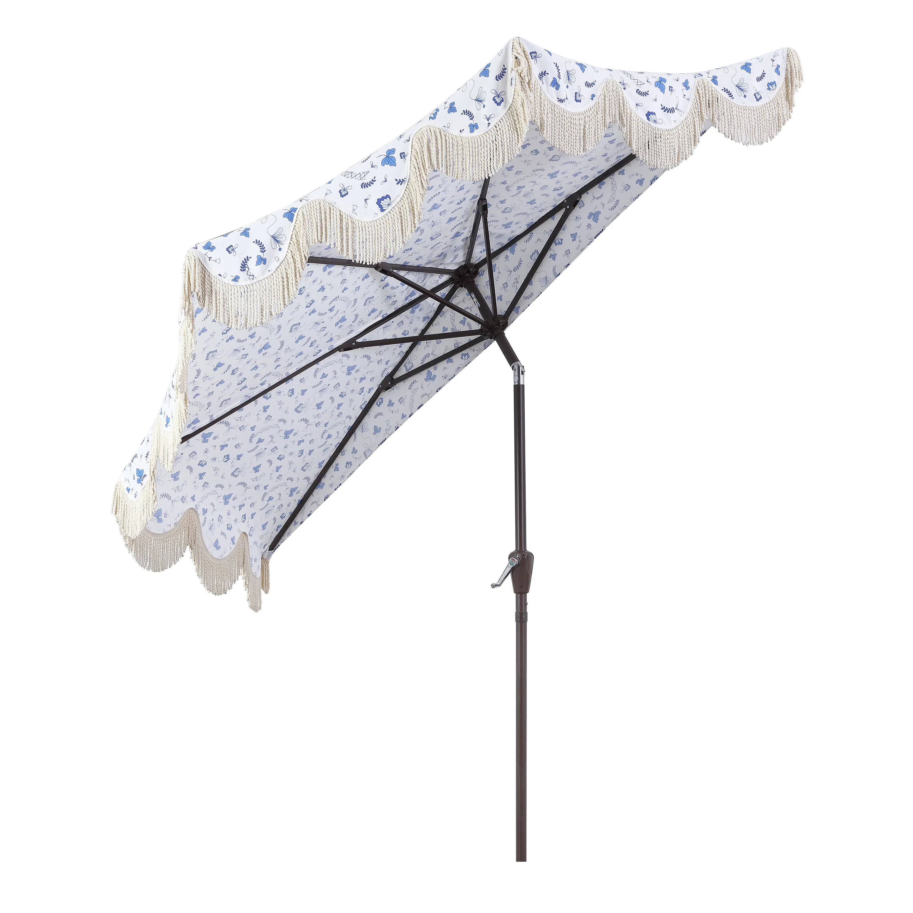 JONATHAN Y Beverly 9 ft. Half Market Patio Umbrella, Designer Classic Scalloped Fringe with Crank, Tilt Button and UV Protection, Blue/White/Cream, Dark Brown Pole - Image 12