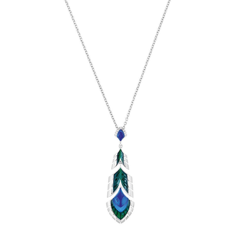 PENDENTIF PAON - CRISTAL BLEU ET LAQUE VERTE, ARGENT