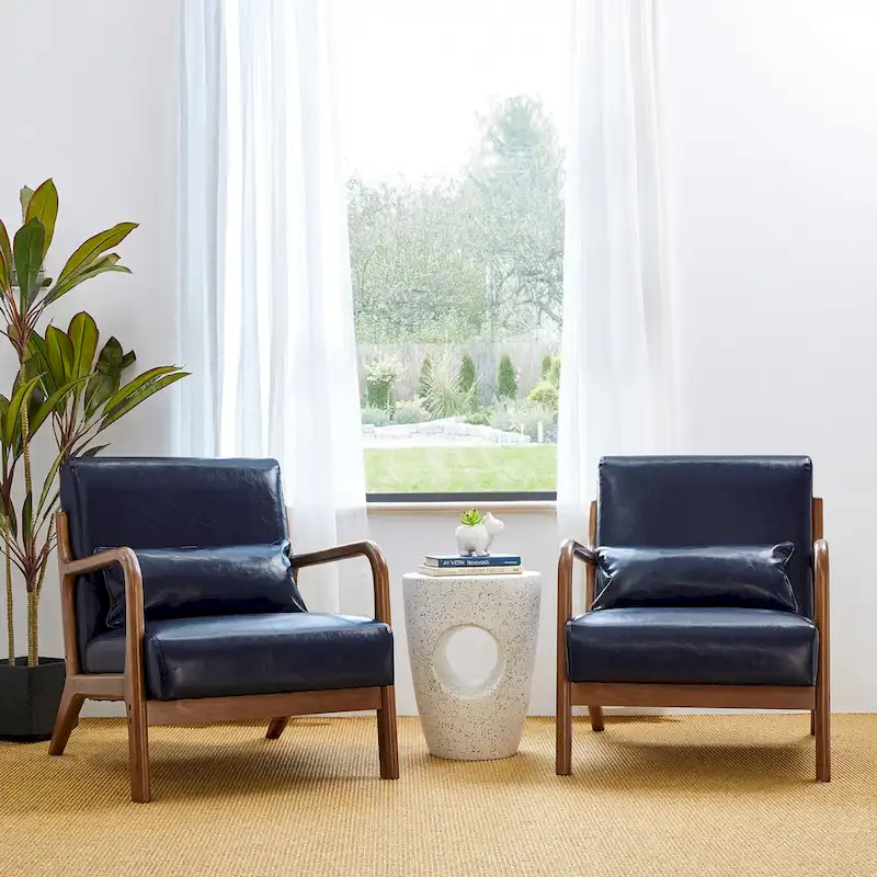 Glitzhome Set of 2 Mid-Century Modern PU Leather Accent Chairs - 30.75H with Cushions (25.75W x 33.75D)