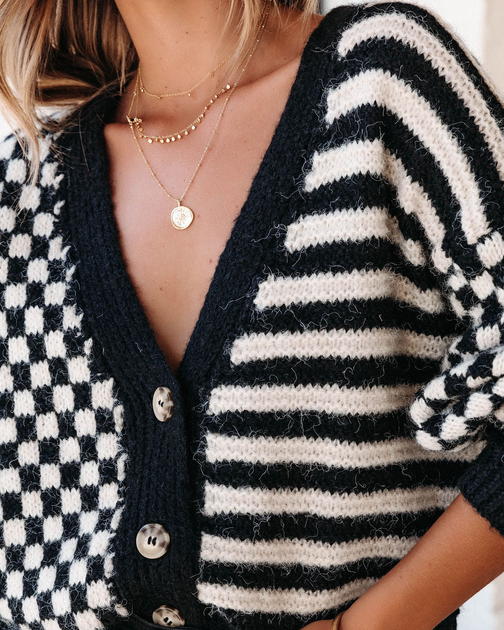 Rumor Has It Checkered Striped Knit Cardigan - Se7enfashion