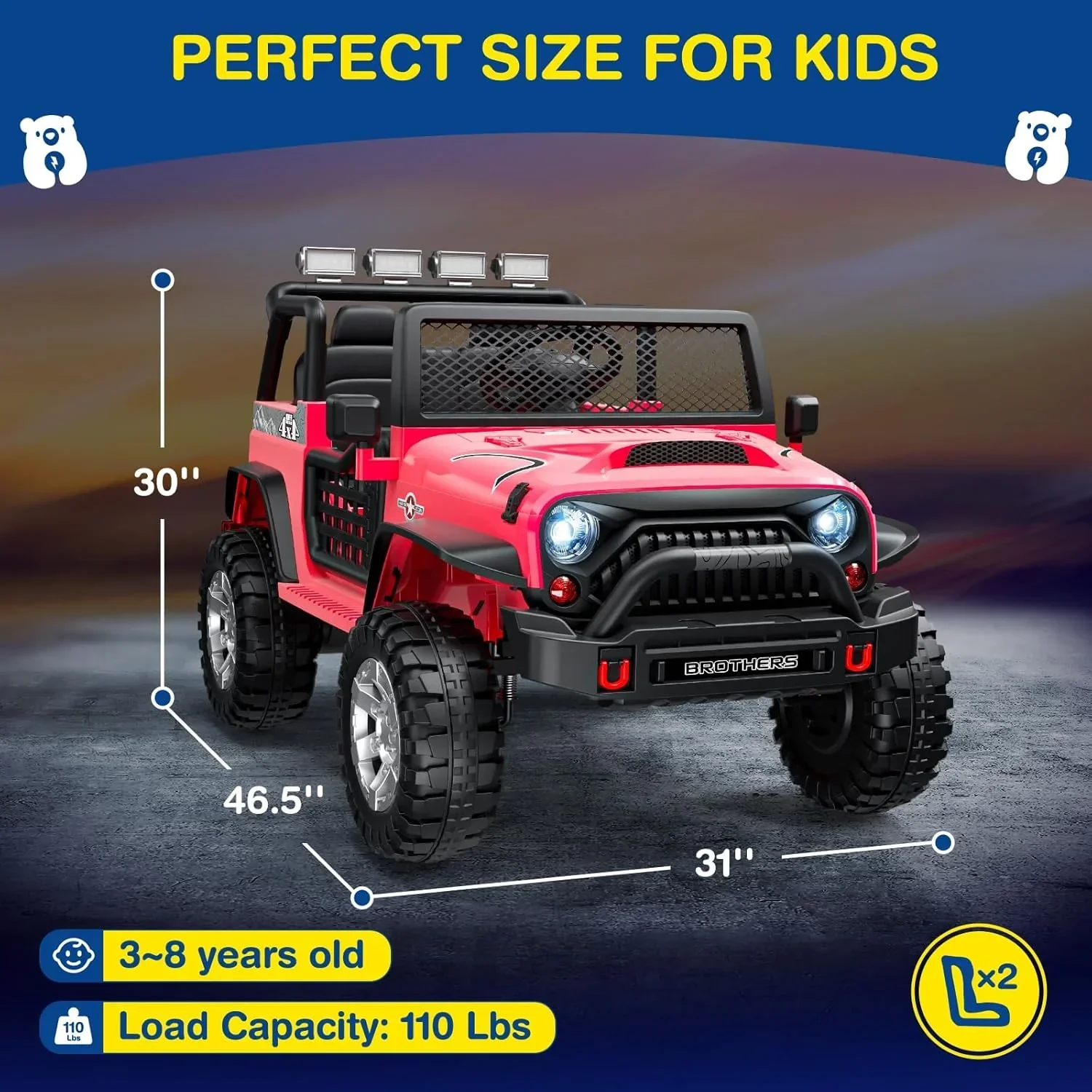 L8 Ride On Car 2 Seater 12V Kids Electric Car Remote Control 4-Wheel Suspension Bluetooth Speaker