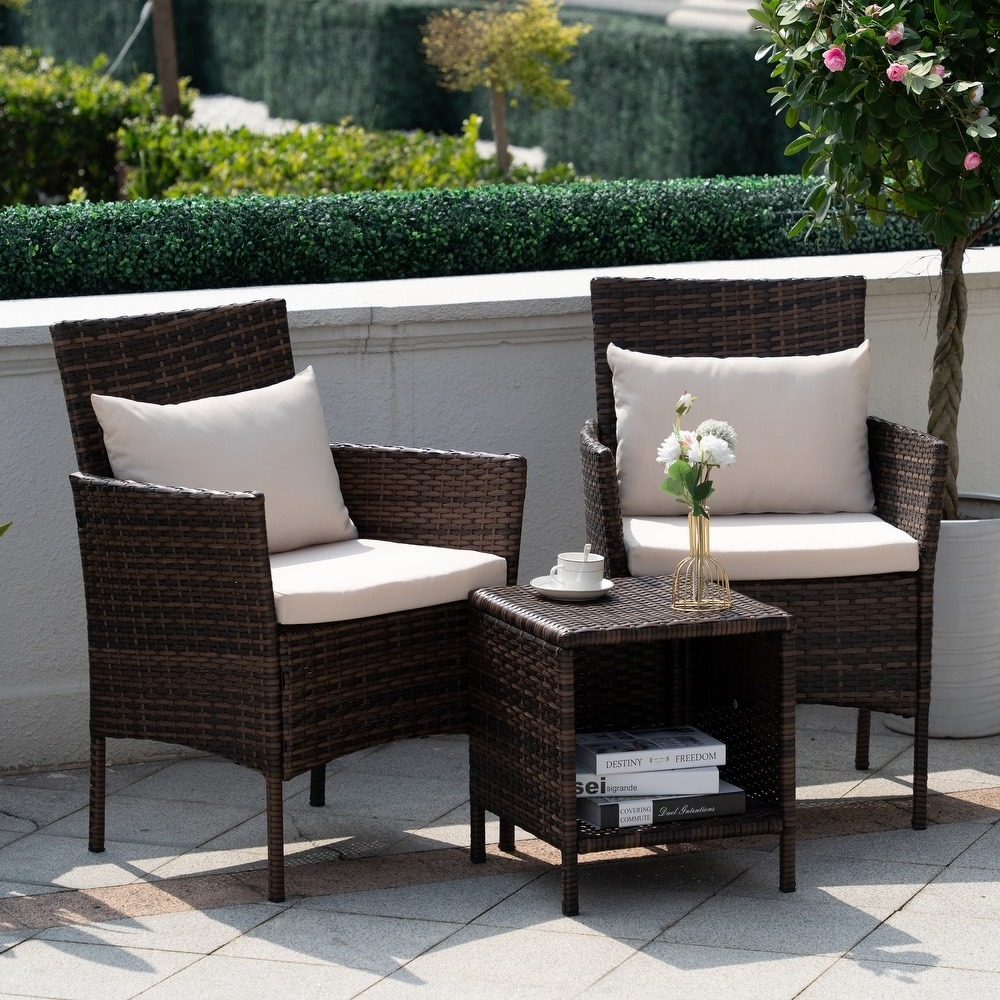 WAYFAIR 3 Piece Patio Conversation Bistro Set Outdoor Chat Furniture,Wicker Chairs And Storable Table Set,Porch Balcony Furniture Set - Beige