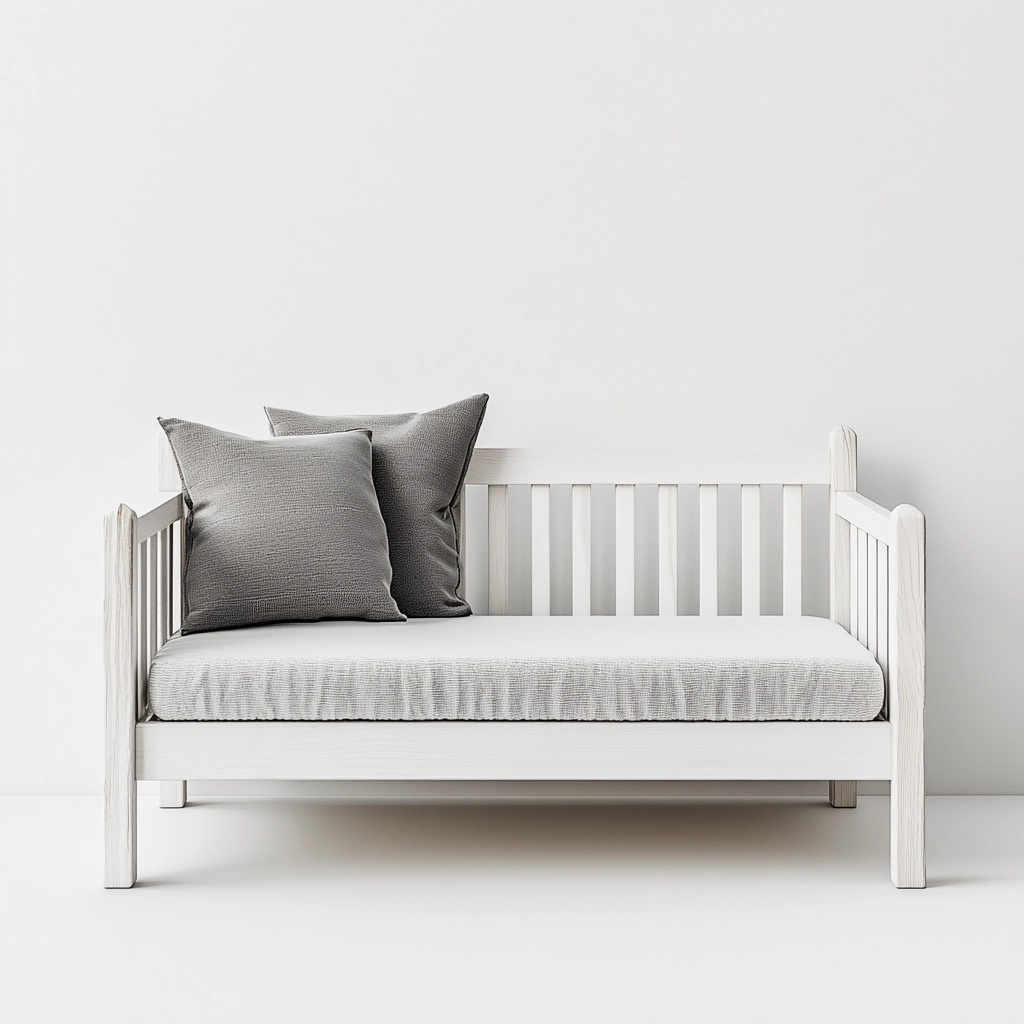 Sofá cama blanco de madera con cojines grises para sala de estar
