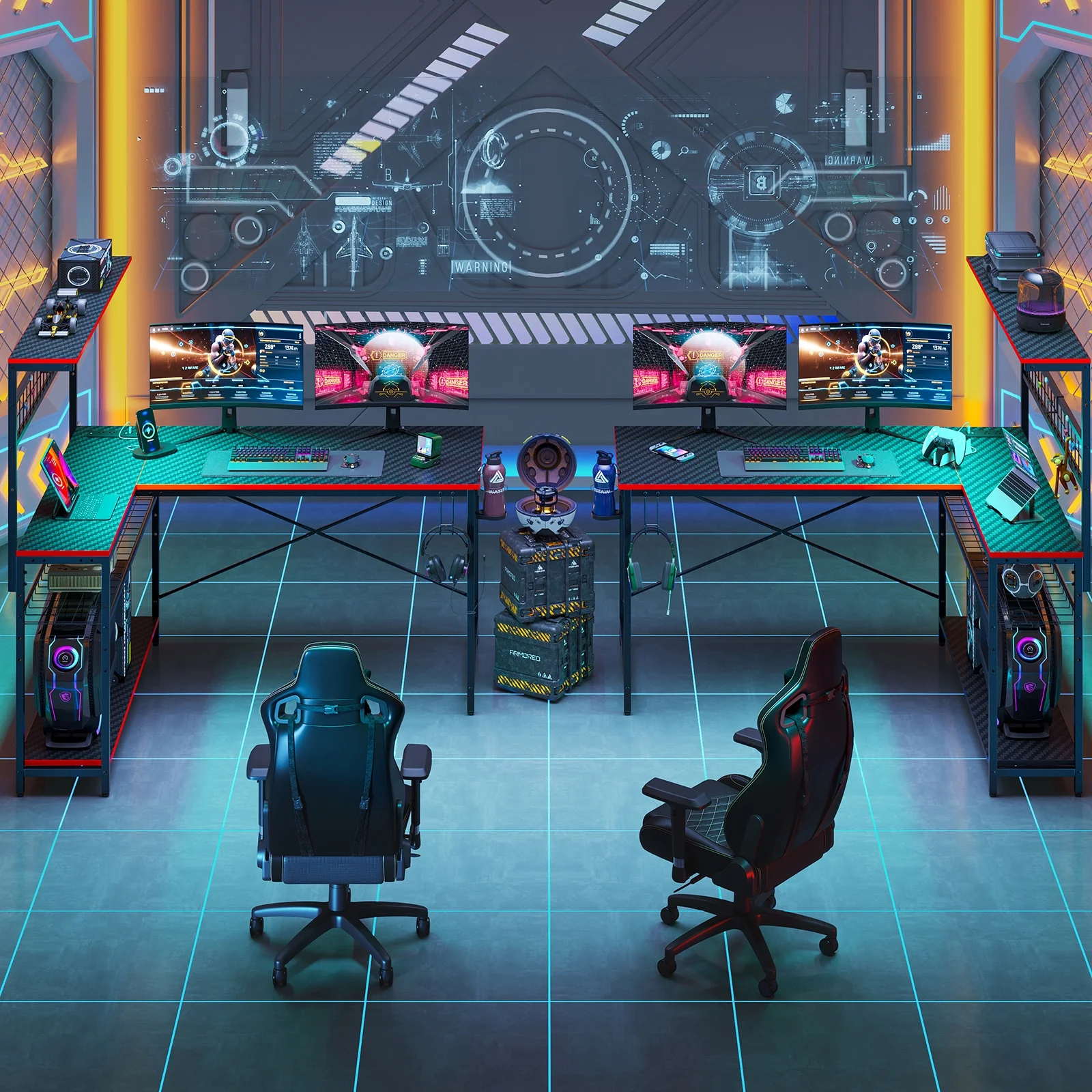 Bestier 51 L Shaped Gaming Desk with Power Outlets & LED Light, Computer Desk with 4 Tiers Shelves for Home Office, Reversible Gamer Table with Hooks and Cup Holder, Carbon Fiber - Image 28