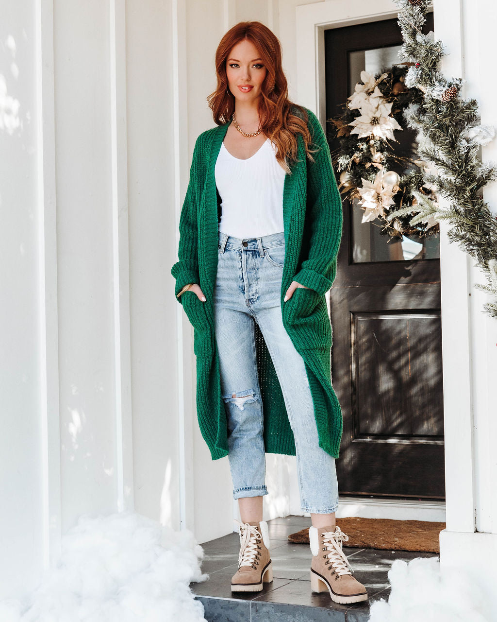 Central Park Dates Knit Pocketed Cardigan - Green - Se7enfashion