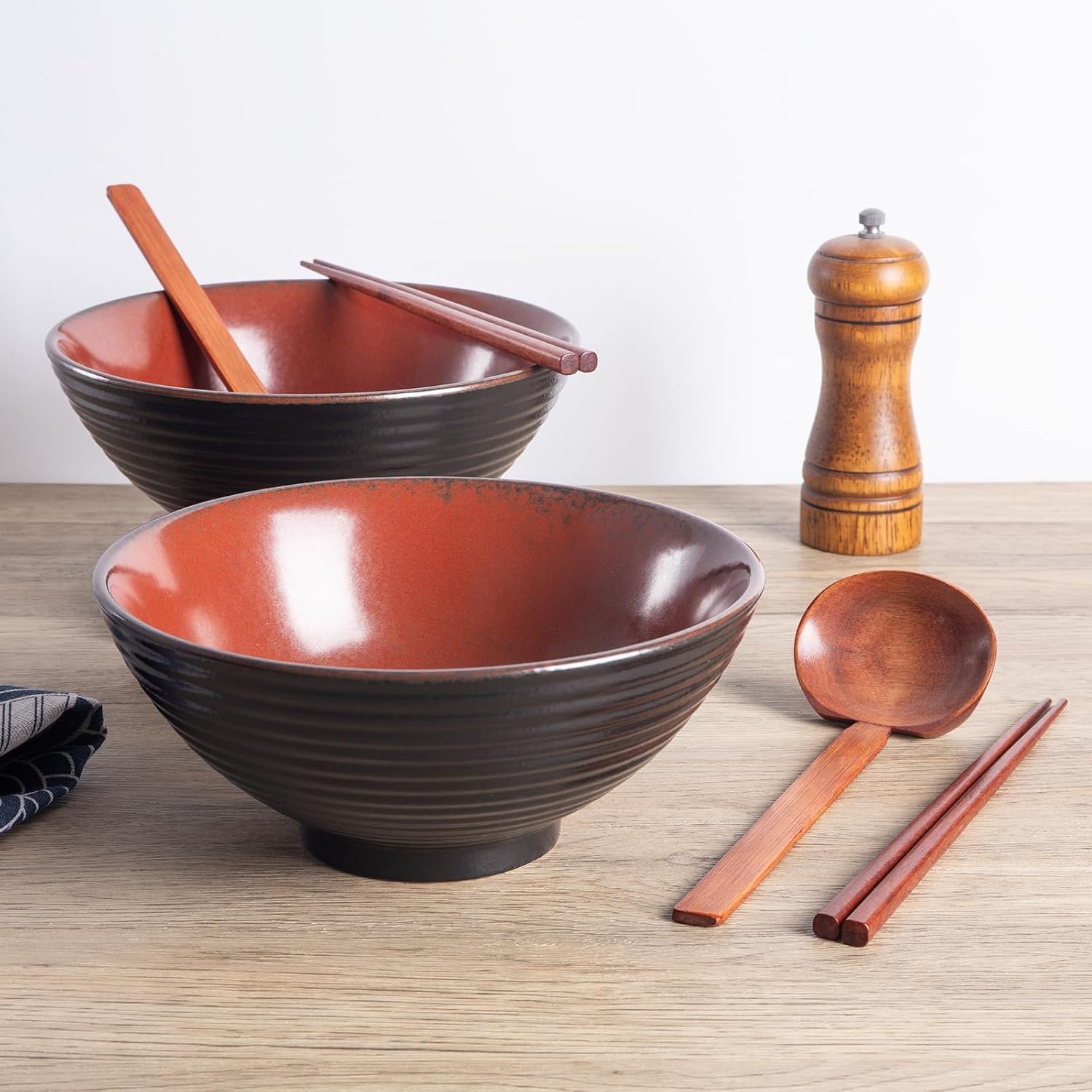 40oz Japanese Ceramic Ramen Bowl Set of 2 with Chopsticks and Spoons for Pho Udon Asian Soup Noodles (Red)