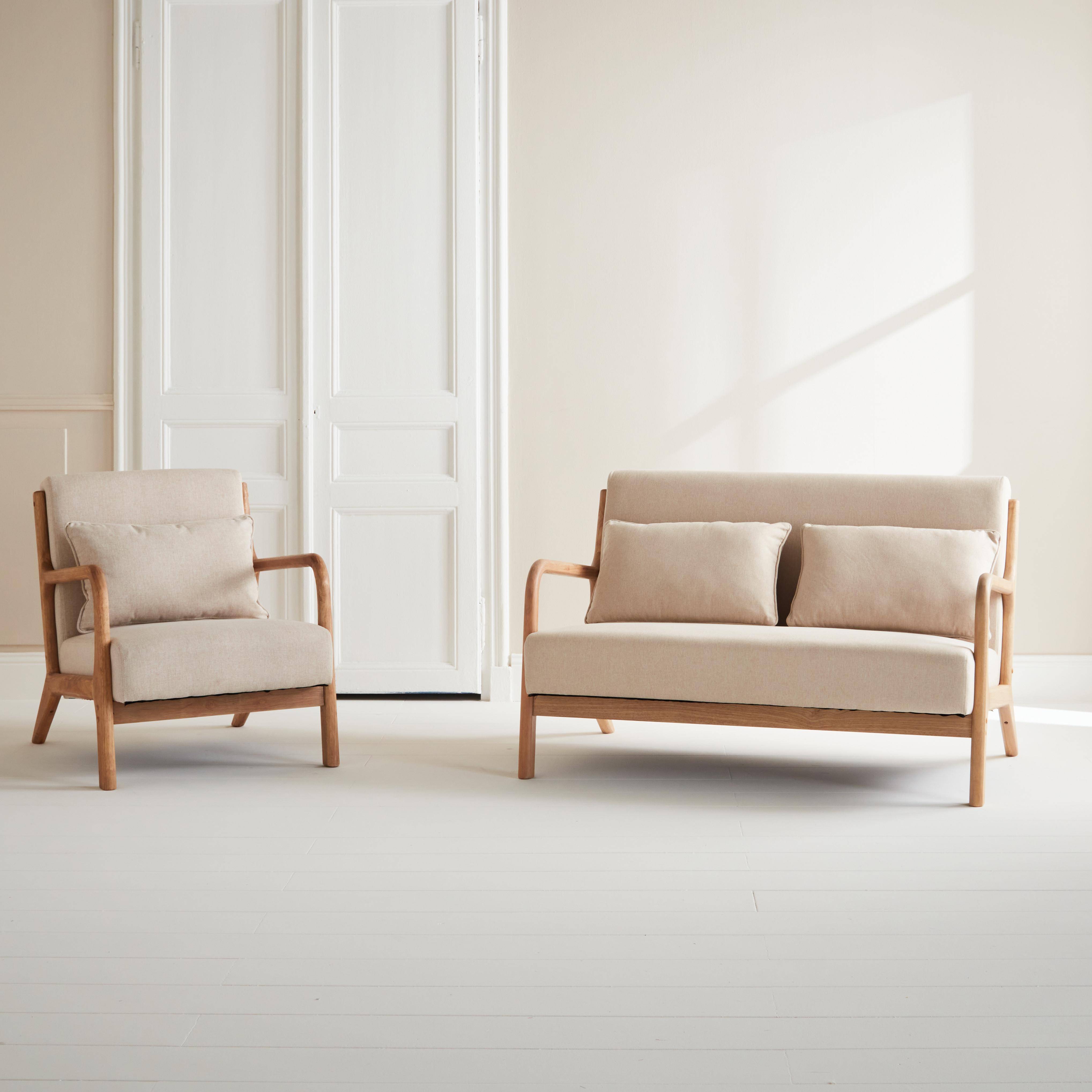 Lorens - Banqueta de 2 plazas + sillón de tela beige y madera