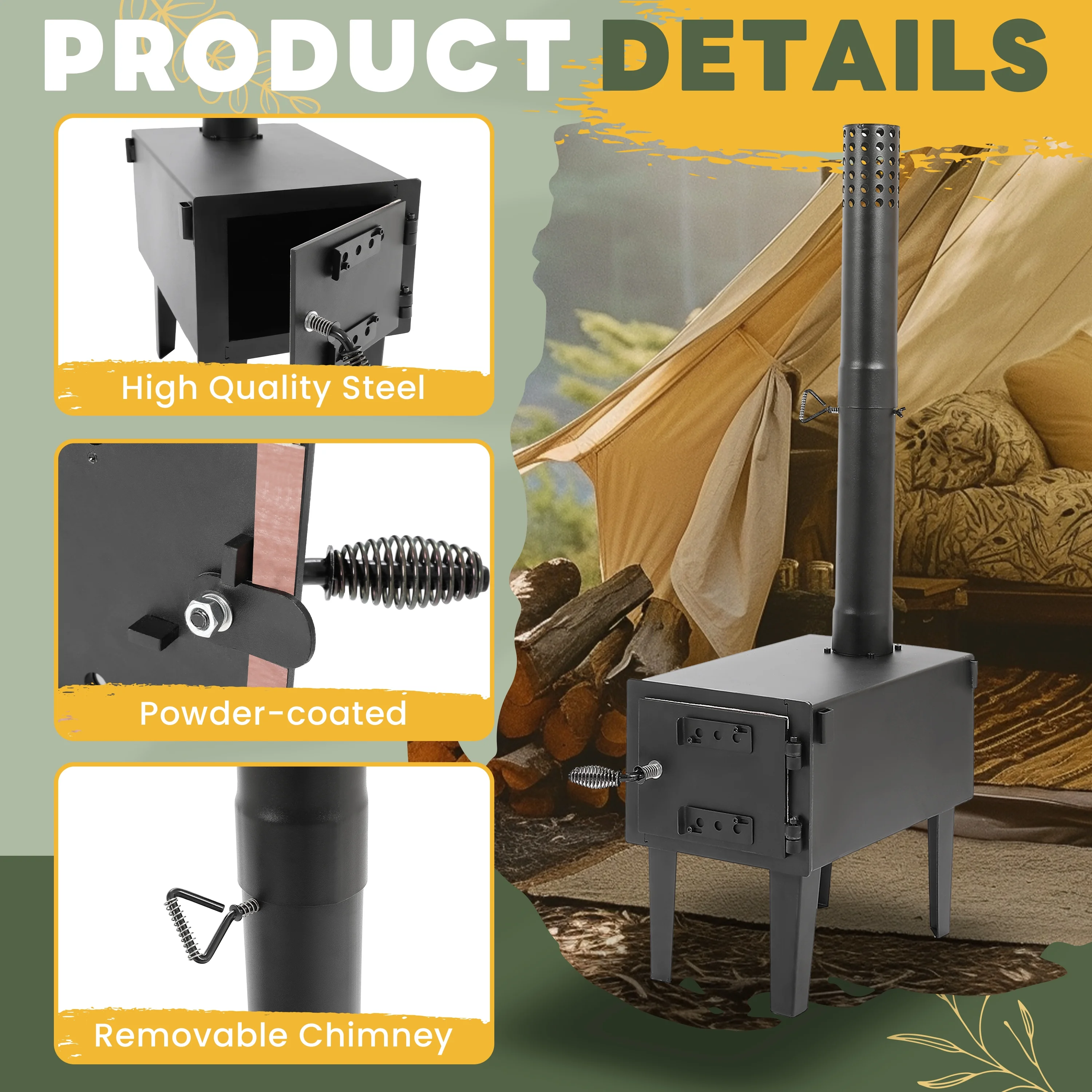 Kojem Wood Burning Stove Tent Camping Stove for Outdoor Cooking Fishing Hiking Travel Portable Heater W/Storable Chimney Pipes - Image 11