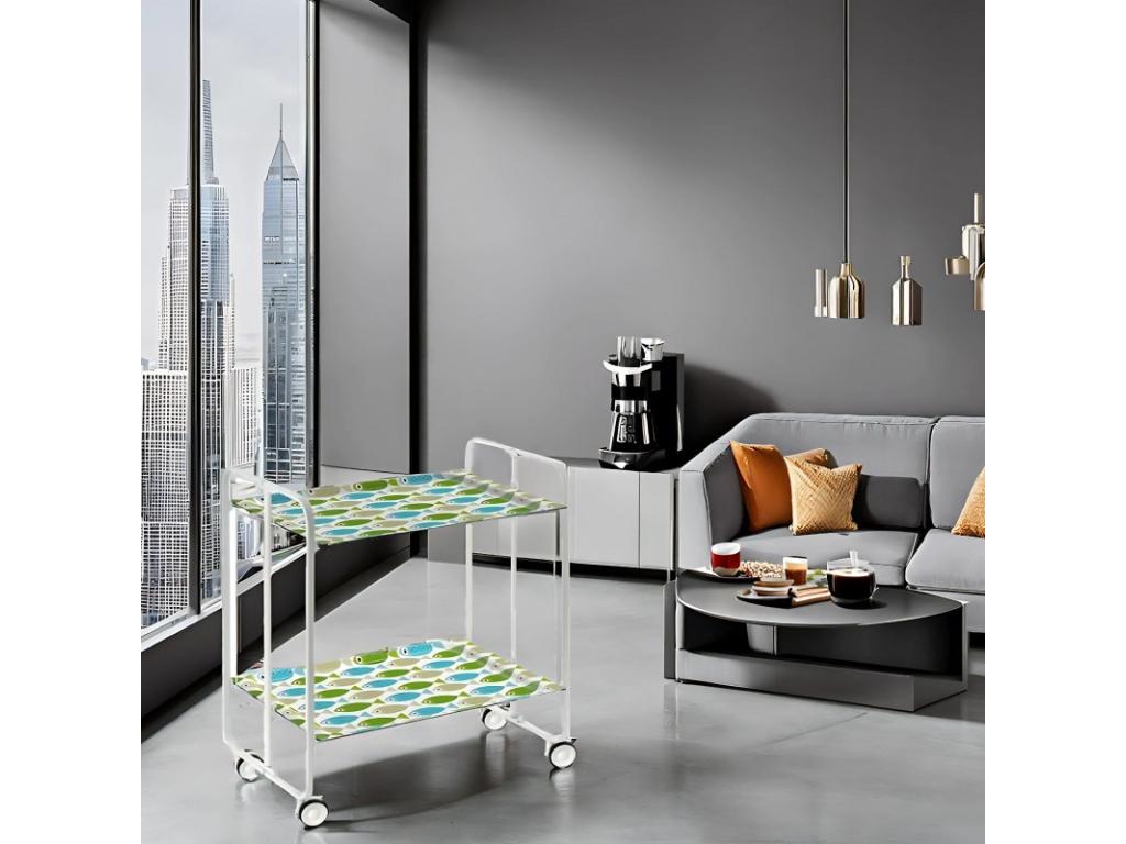 Carrito auxiliar plegable con ruedas - Estructura metálica blanca, 2 estantes laminados Decorado Peces verdes y azules – 72*66*43 cm - BAUHAUS