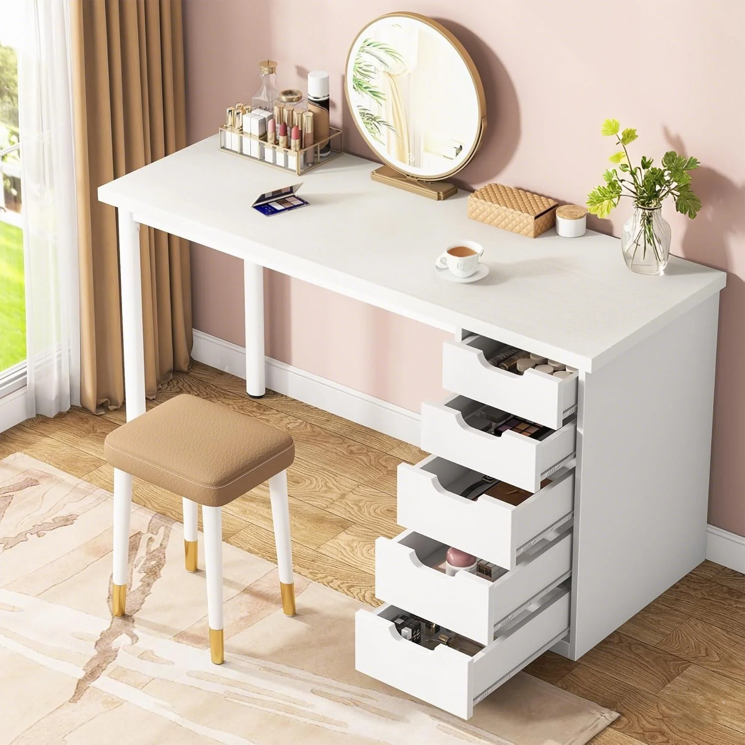Tribesigns 47 inches Vanity Desk with 5 Drawers, Rustic Makeup Dressing Table with Storage, Modern Simple Computer Desk for Women, Girls (Brown) - Image 11