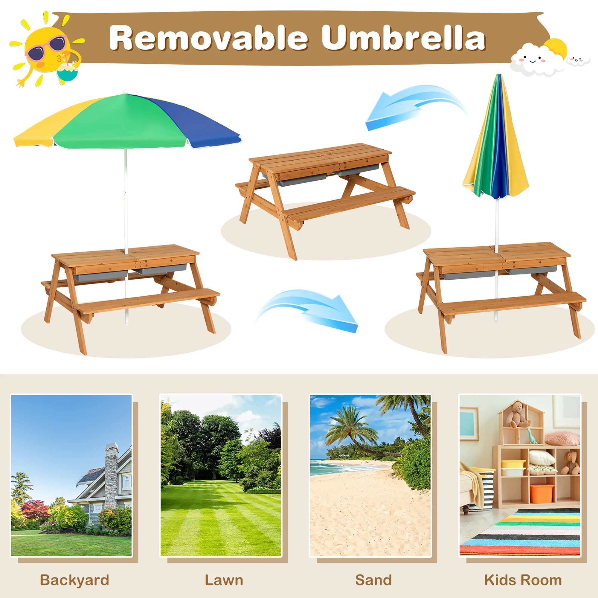 Costway 3-in-1 Kids Picnic Table Wooden Outdoor Sand & Water Table with Umbrella Play Boxes Green - Image 10