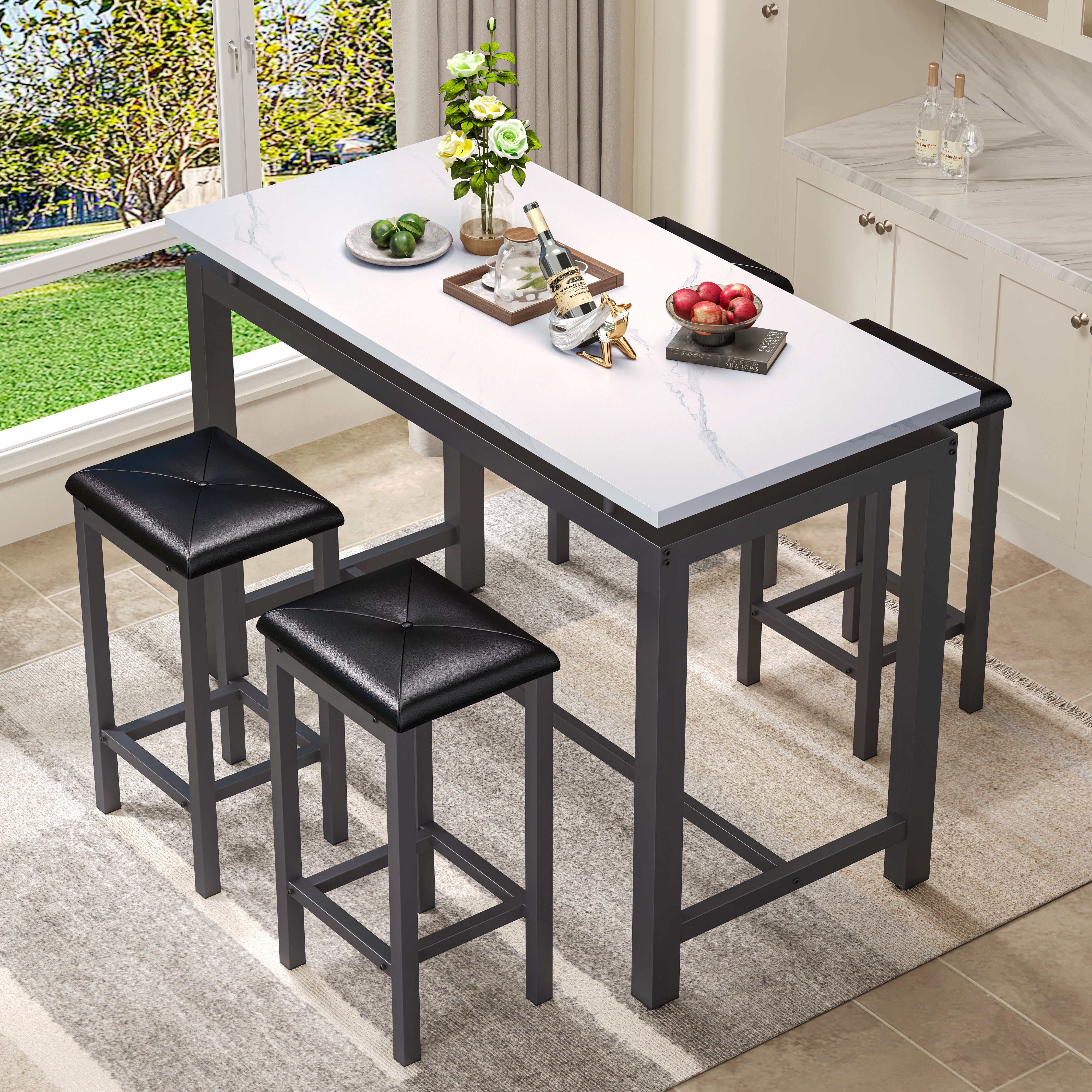 Counter Height Table Set of 5, Breakfast Bar Table and Stool Set, Minimalist Dining Table with Backless Stools, Wood Top Pub Table & Chair Set for Kitchen Apartment Bistro - Space Saving - Image 2