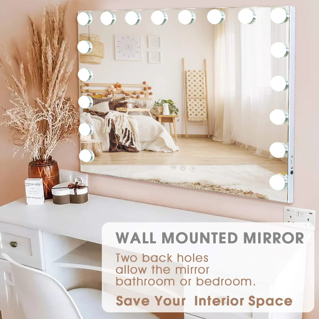 Fenchilin 32"x23" Vanity Mirror with Lights USB Charging Tabletop Wall Mount Metal White - Image 4