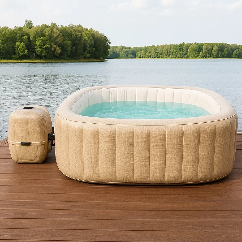 Spa hinchable cuadrado,4 plazas,estructura de PVC,color beige y blanco,instalación independiente,dimensiones 180x180x70 cm - CTiU6O2MiPfk