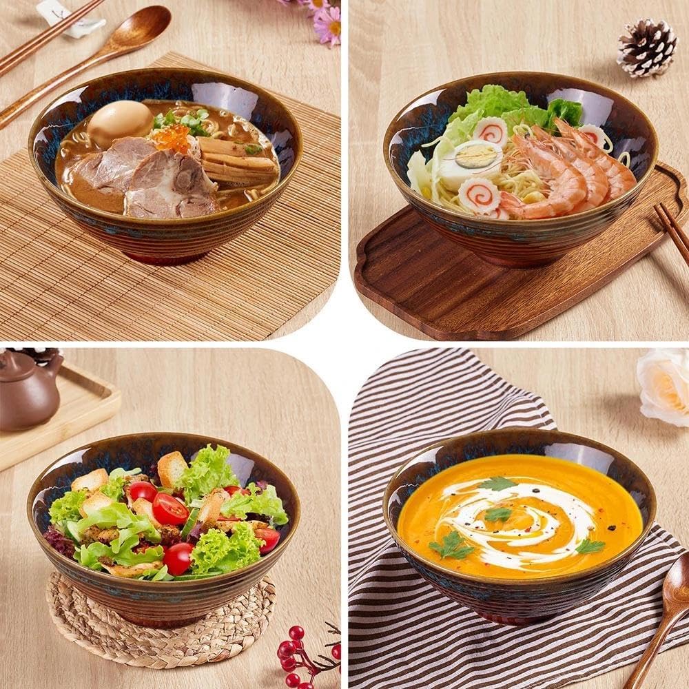 Ceramic Ramen Bowls - 40 oz - 20cm - With Spoon and Chopsticks for Ramen Soup Pho Udon Asian Noodles, Large Noodle Bowls (Cat's eye glaze)